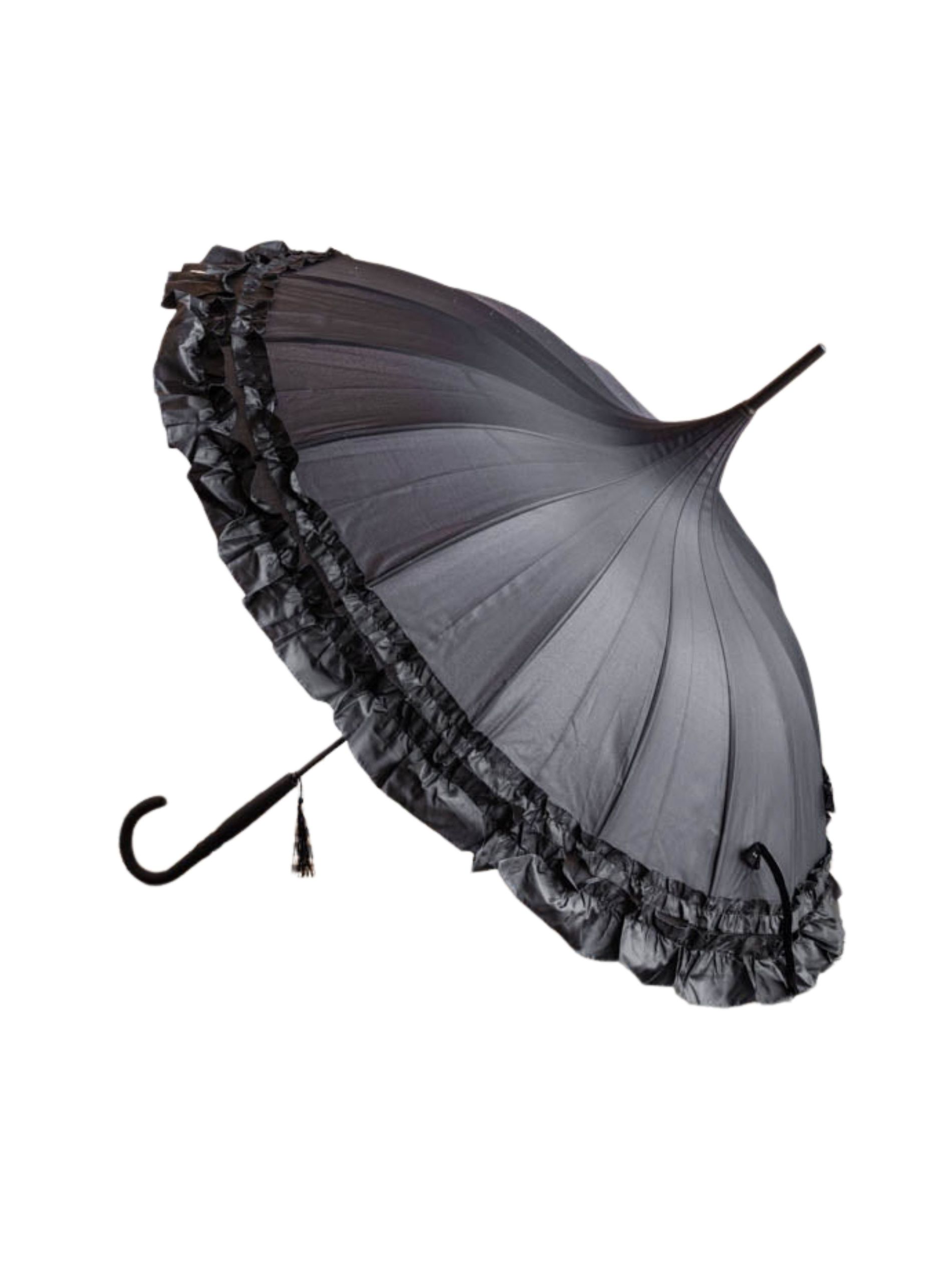 Black umbrella with ruffle detail against a white background