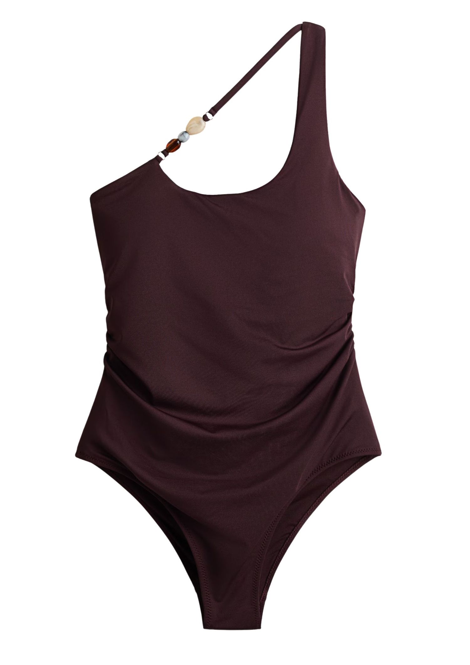 Brown one-shoulder swimsuit with beaded details