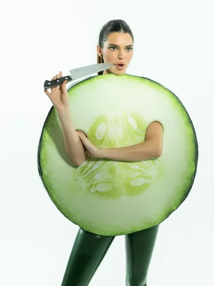 Kendall Jenner poked fun at her poor cucumber cutting skills with this tongue-in-cheek custom get-up.