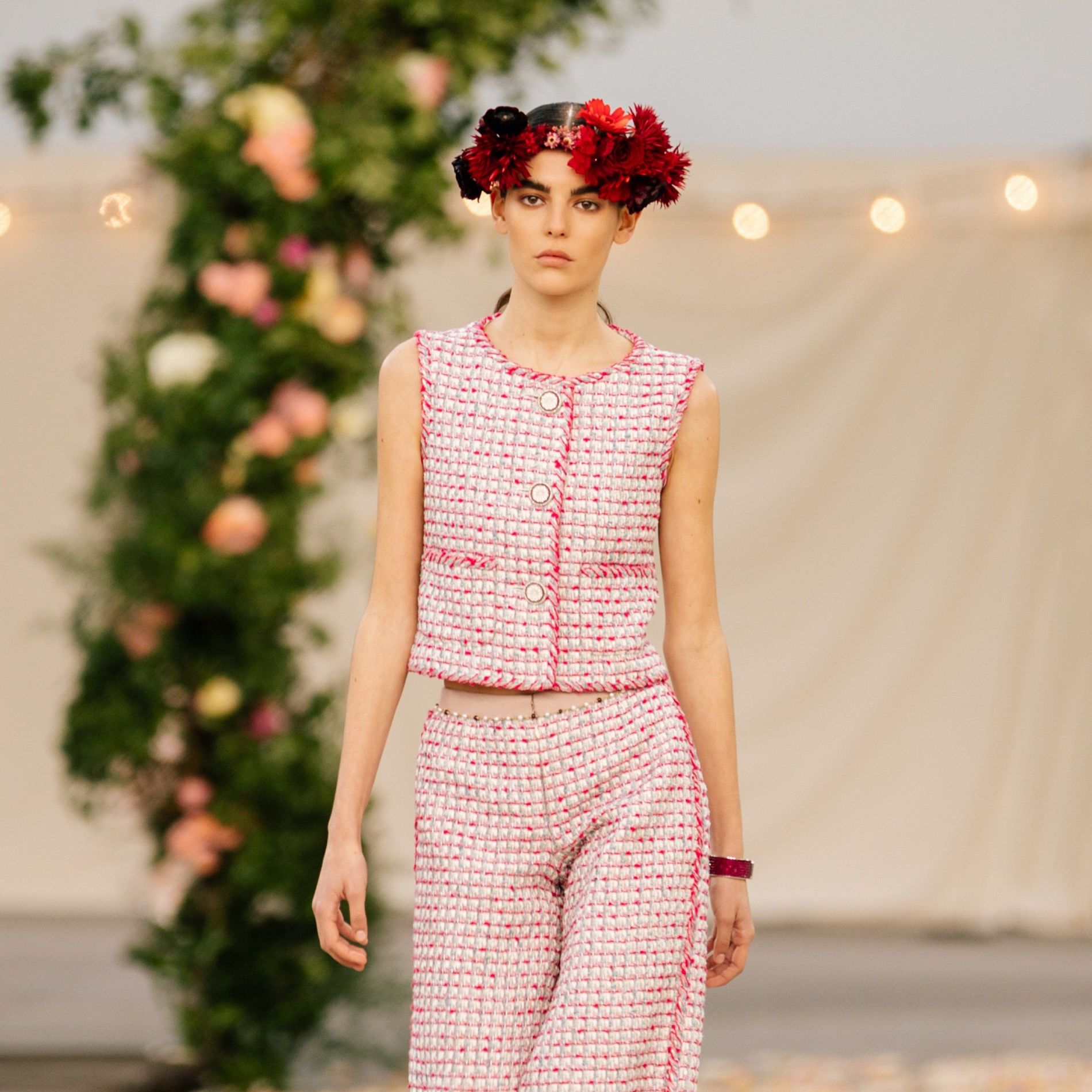 Pink Chanel Couture Spring 21 look with asymmetrical flower crown