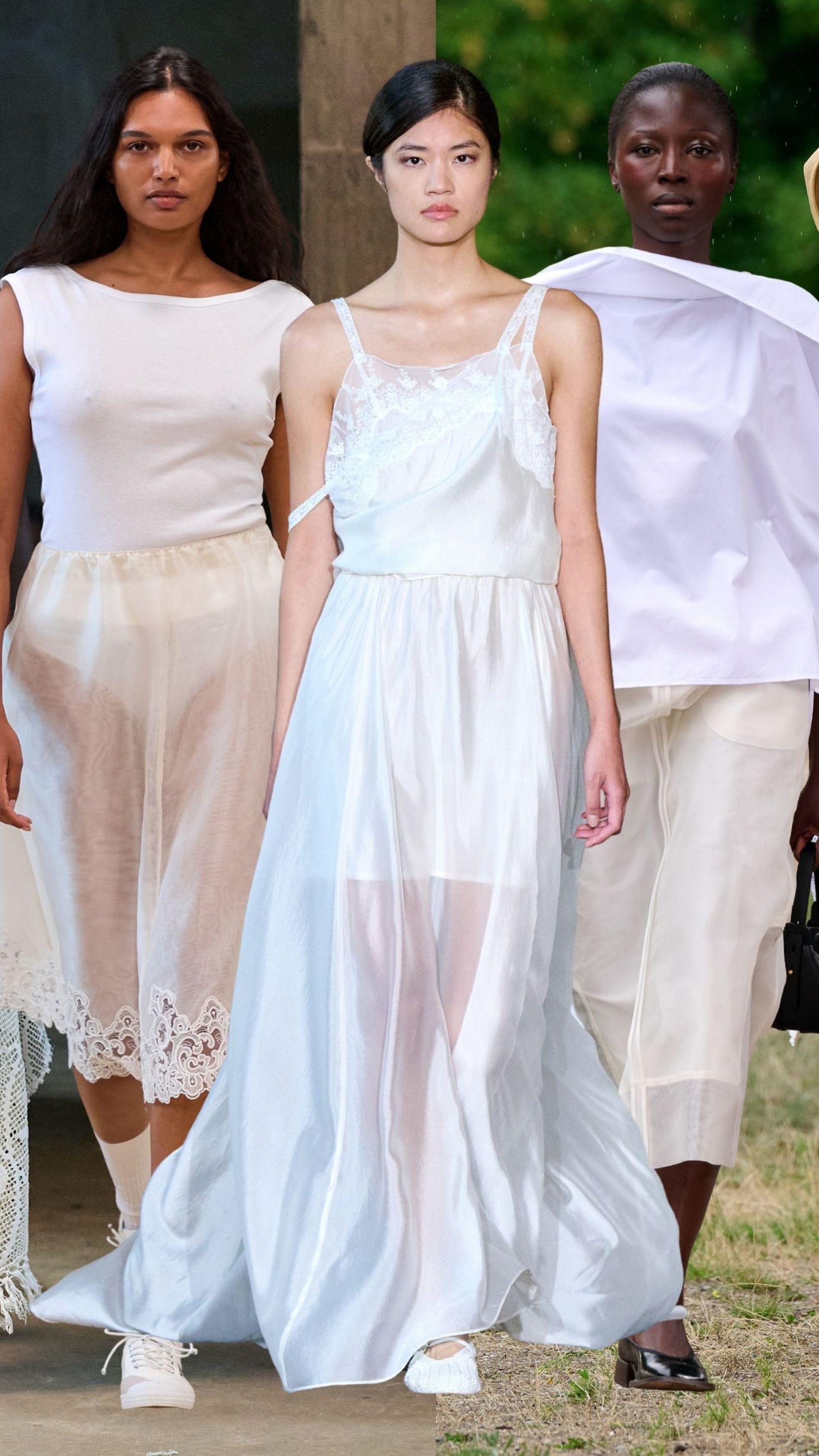 From left to right: Models walking Studio Constance, Herskind, The Garment, MKDT, and Skall Studio all wearing white vintage lace or square-cut silhouettes