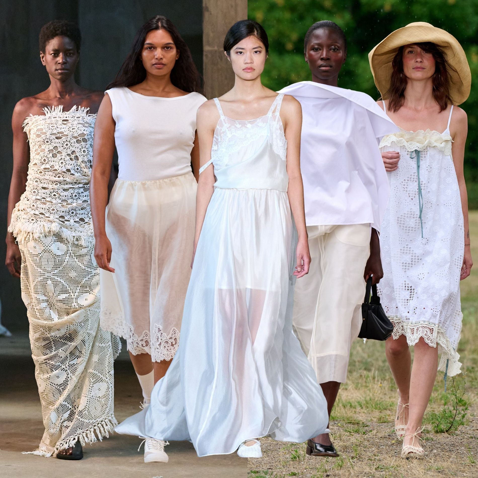 From left to right: Models walking Studio Constance, Herskind, The Garment, MKDT, and Skall Studio all wearing white vintage lace or square-cut silhouettes