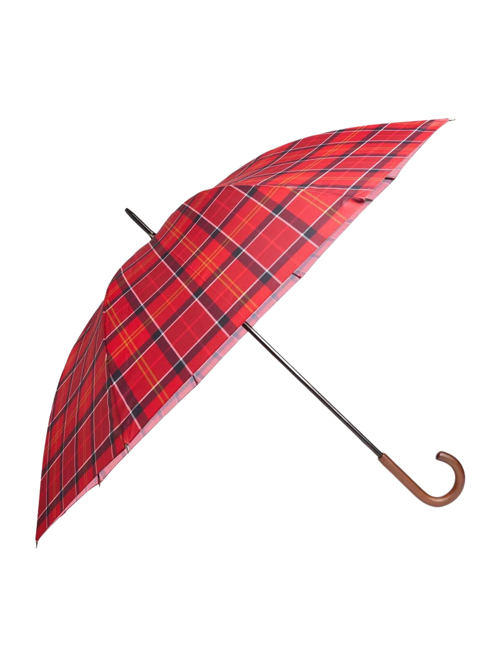 Red tartan umbrella against a white background