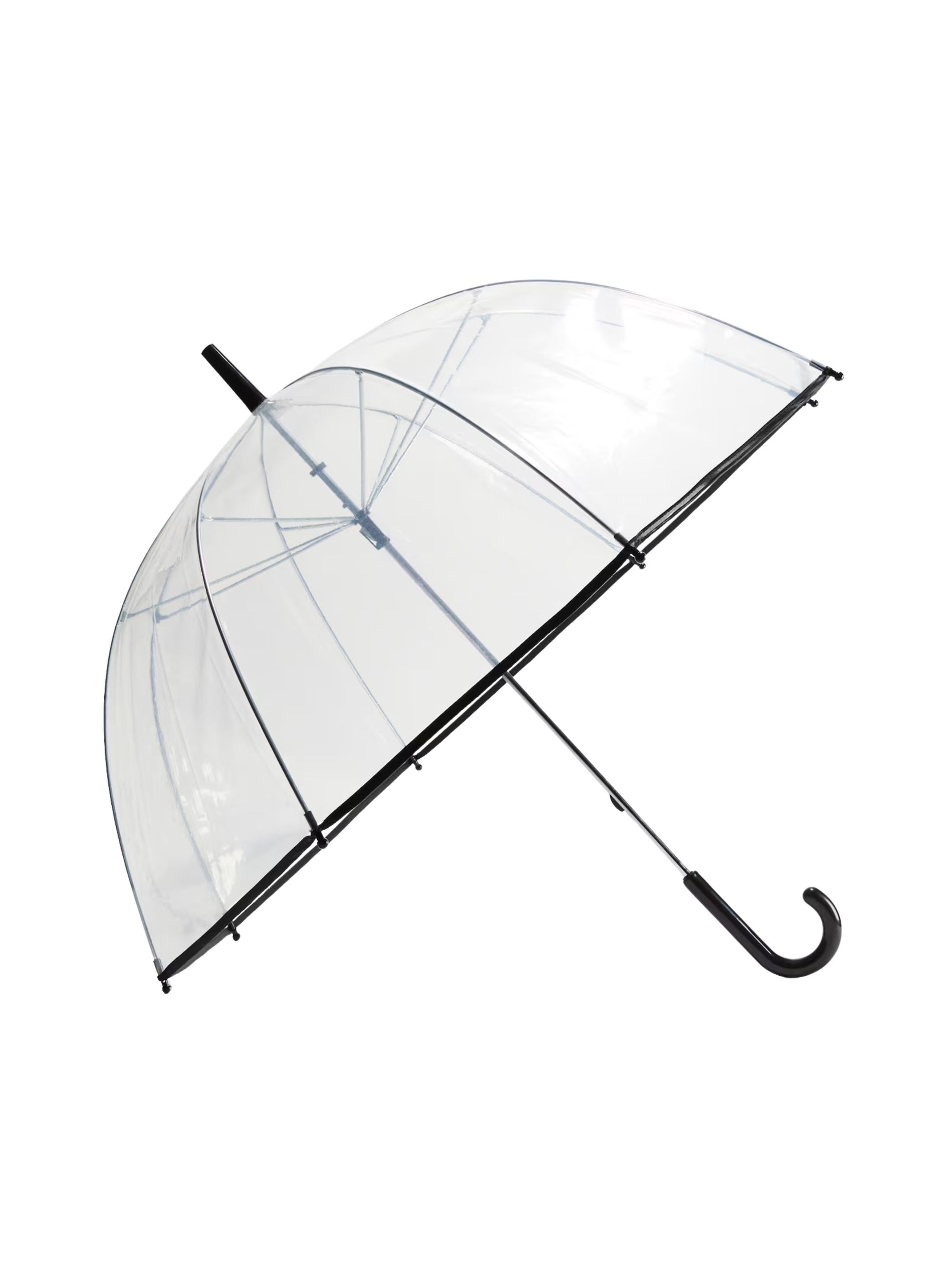 Clear umbrella with black trim against a white background