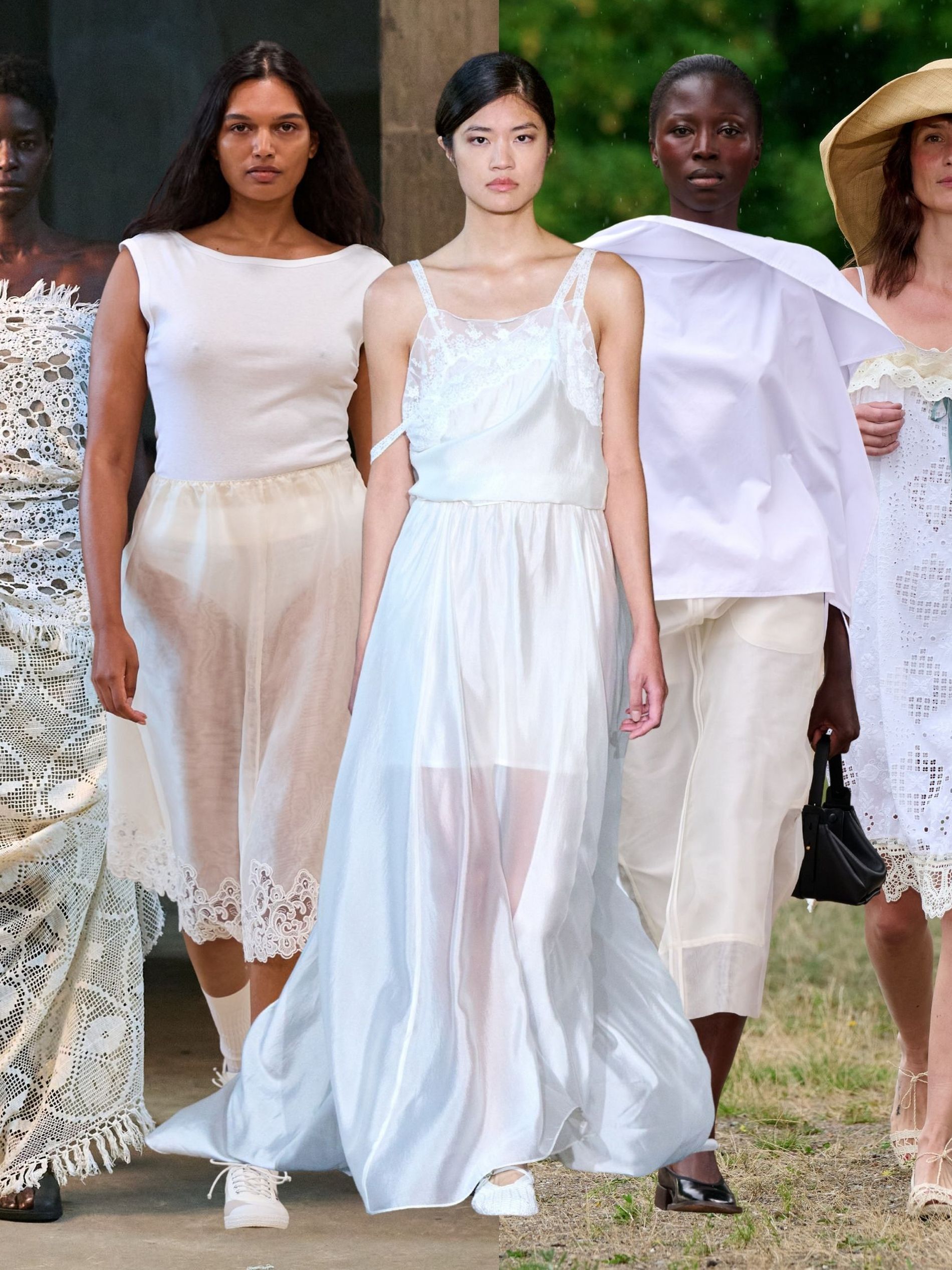 From left to right: Models walking Studio Constance, Herskind, The Garment, MKDT, and Skall Studio all wearing white vintage lace or square-cut silhouettes
