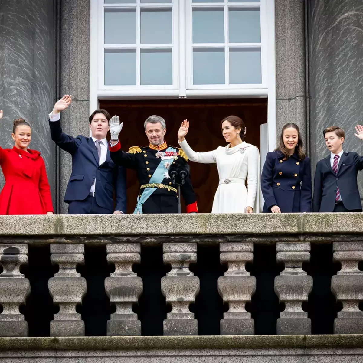 Princess Isabella of Denmark, Crown Prince Christian of Denmark, King Frederik X of Denmark, Queen Mary of Denmark, Princess Josephine of Denmark, and Prince VIncent of Denmark in 2024.