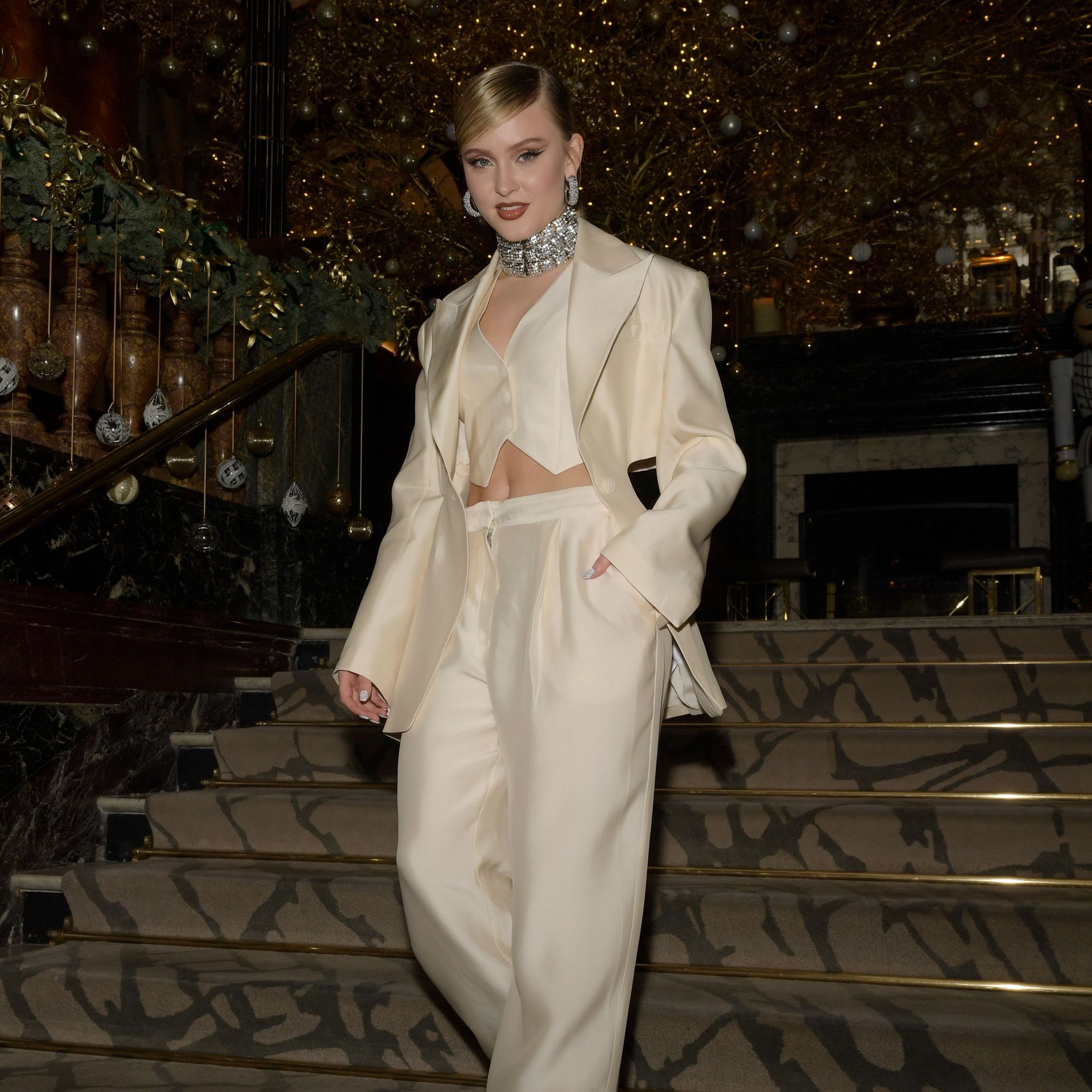 Zara Larsson Fashion Awards 2021 white suit tailoring waist coat tuxedo choker menswear satin