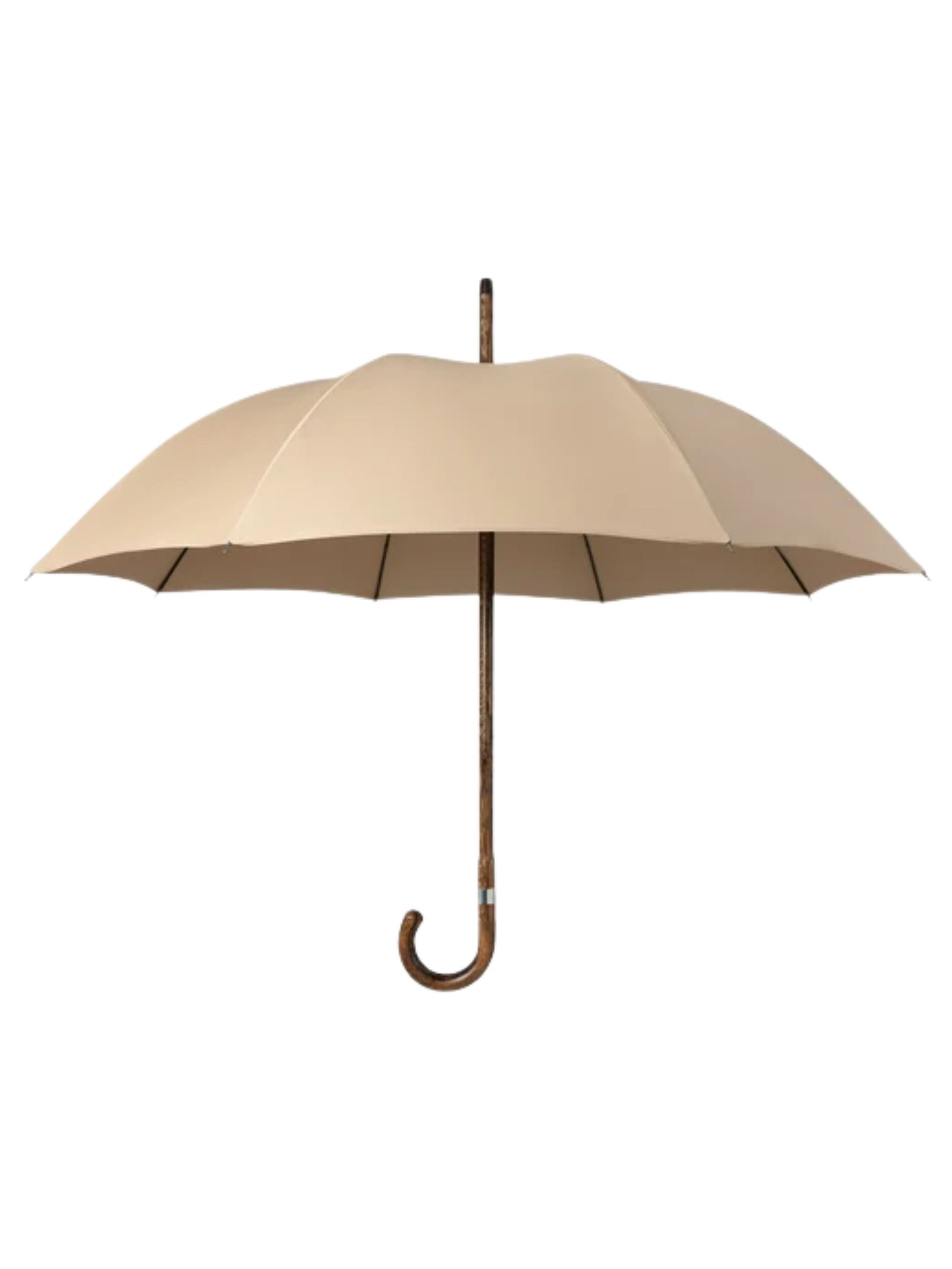 Tan umbrella against a white background