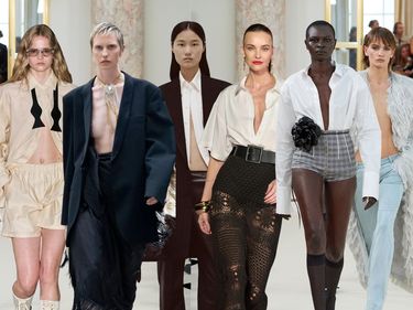 Models from Max Mara, Pearl Octopuss.y, Proenza Schouler, Carolina Herrera, and Rotate are styled with a bare chest or unbuttoned shirt