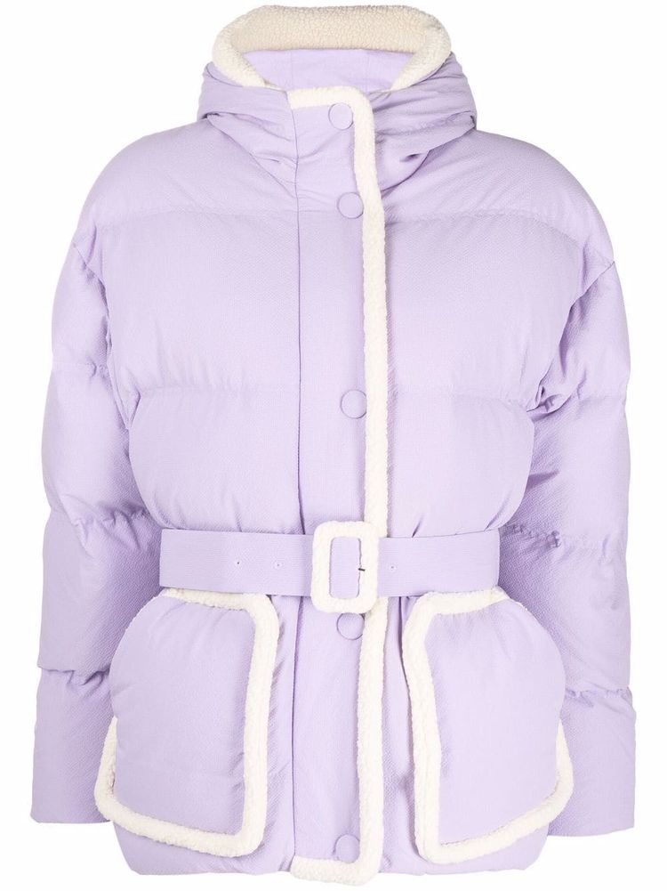 quilted puffer jacket lilac purple shearling