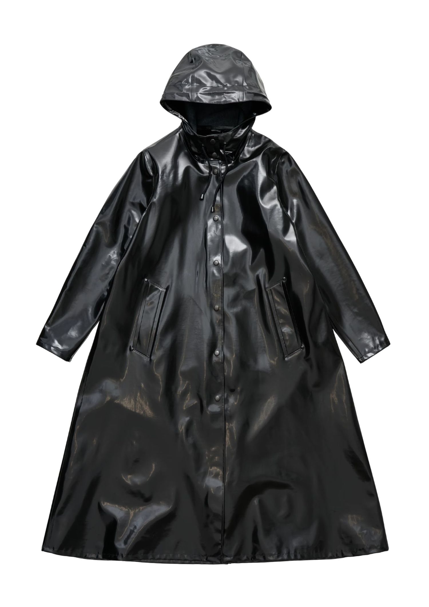 Glossy black long raincoat