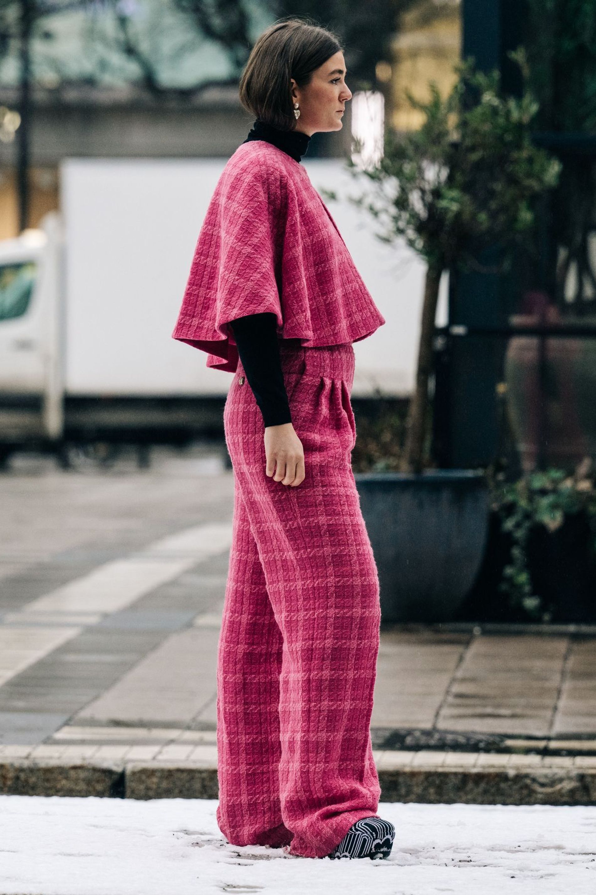 Layered checked wool straight-leg pants