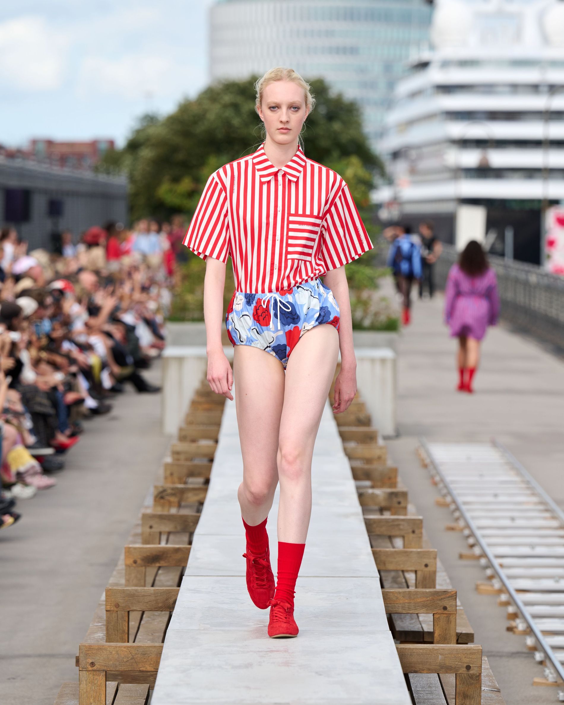Blue and red bloomer shorts with print