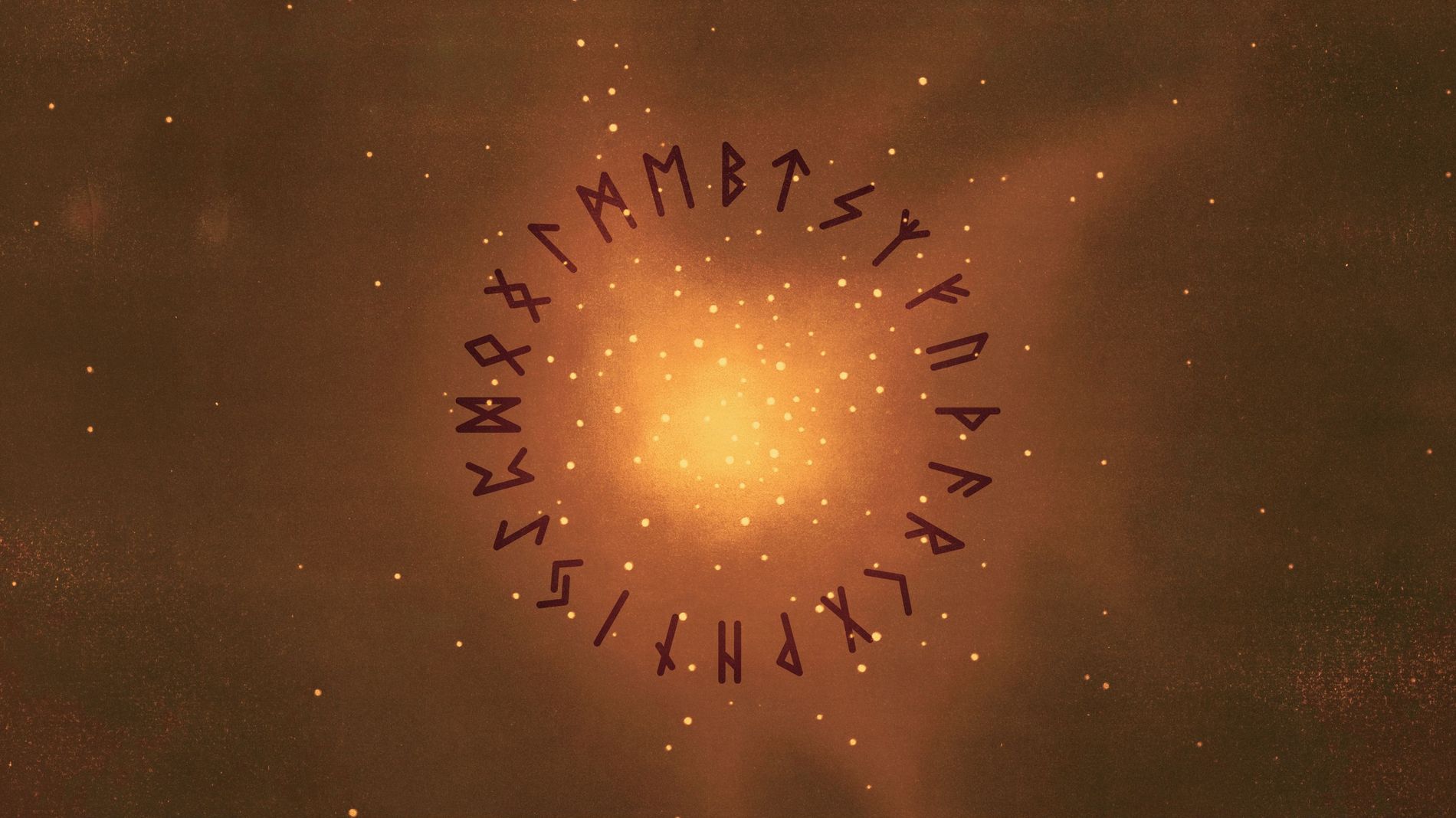 Runes placed in a circle on a orange brown background with yellow sparkles
