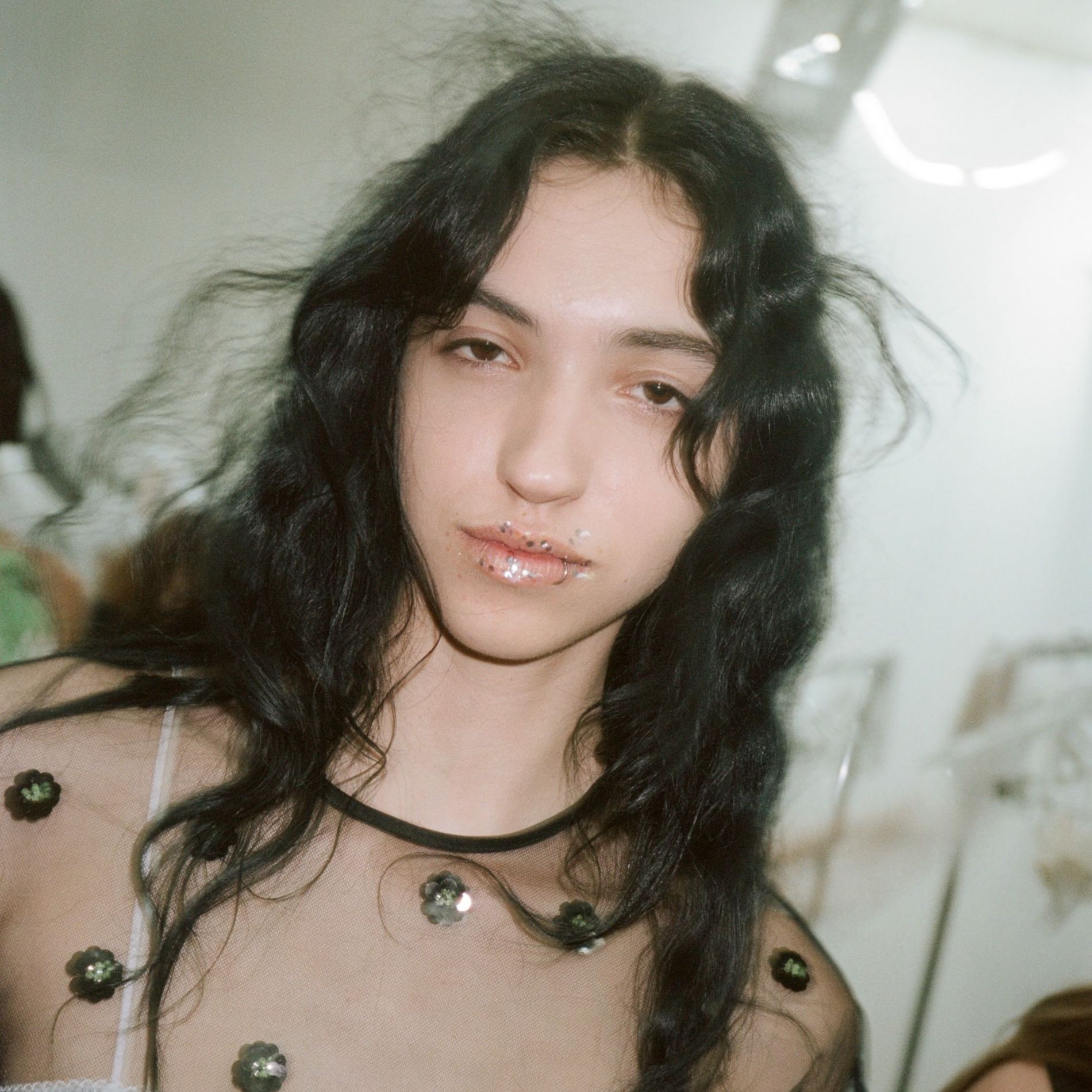 Model pictured backstage at the Cecilie Bahnsen SS27 show