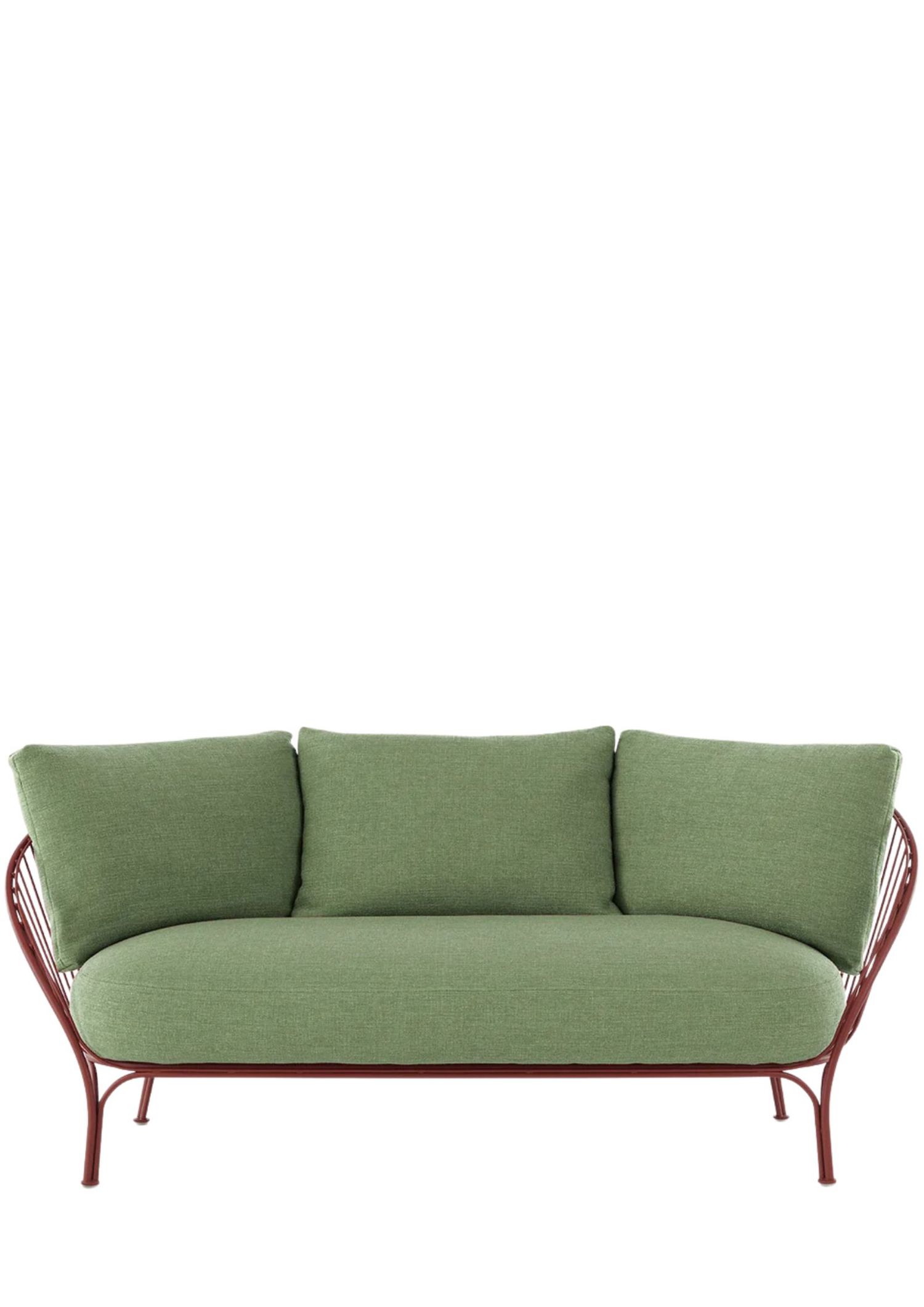 A green and burgundy three-seater outdoor sofa
