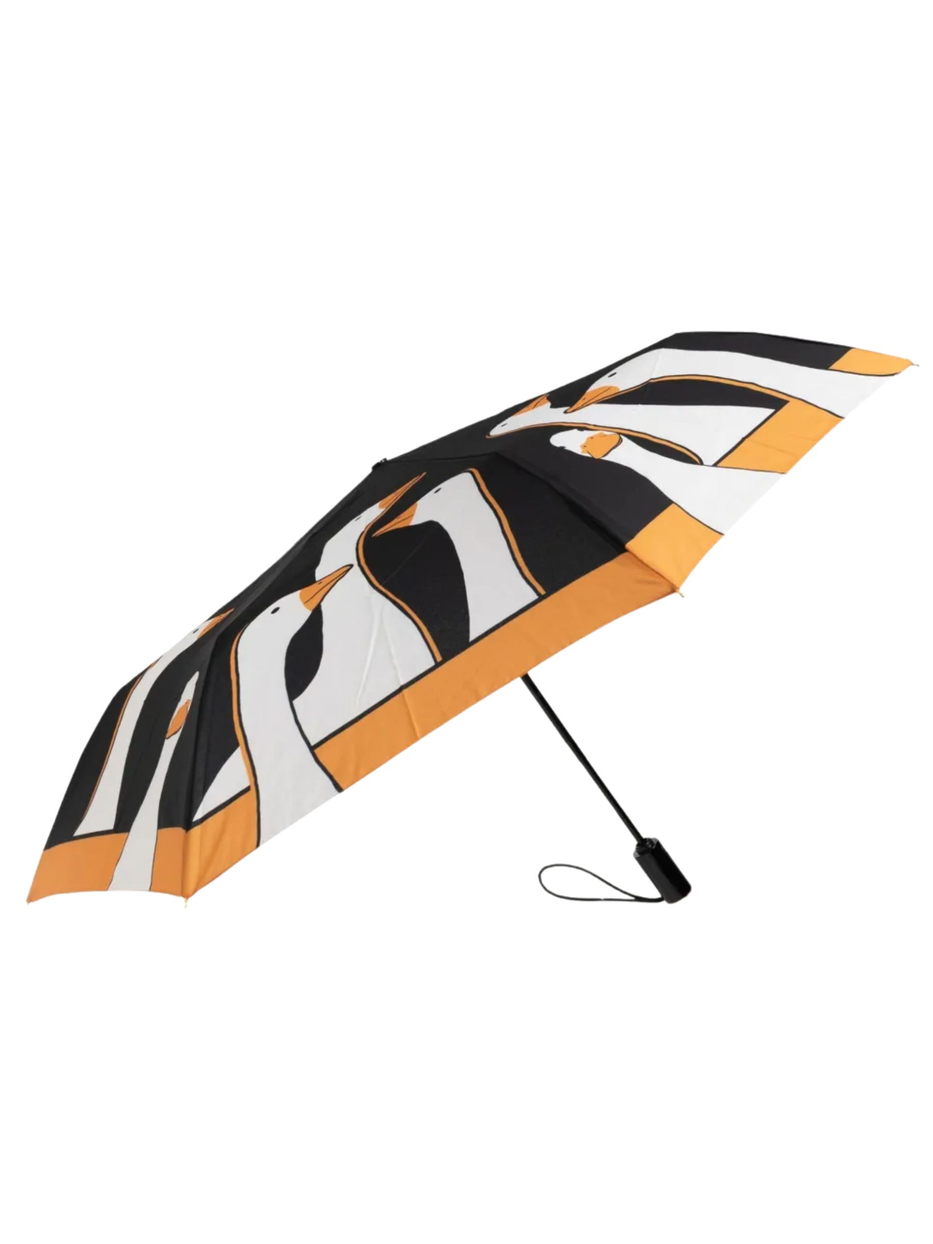 Black umbrella with goose motif against a white background