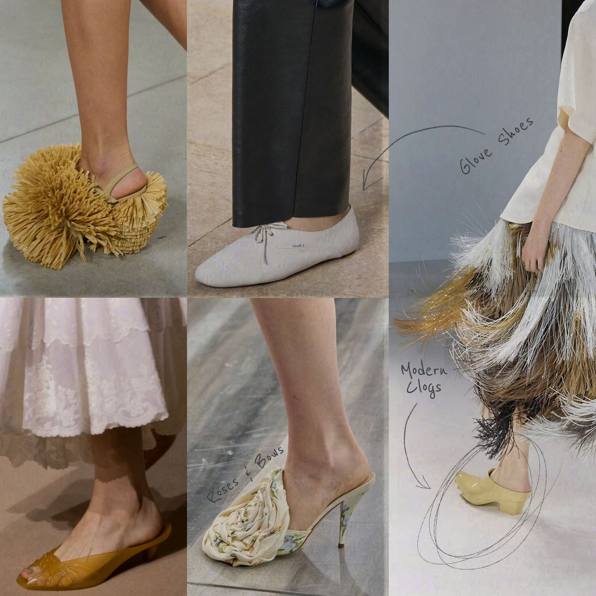 From top to bottom, left to right: Moschino raffia heels, Celine glove shoes, Bottega Veneta clogs, Dior flower heels, Chloé jelly shoes