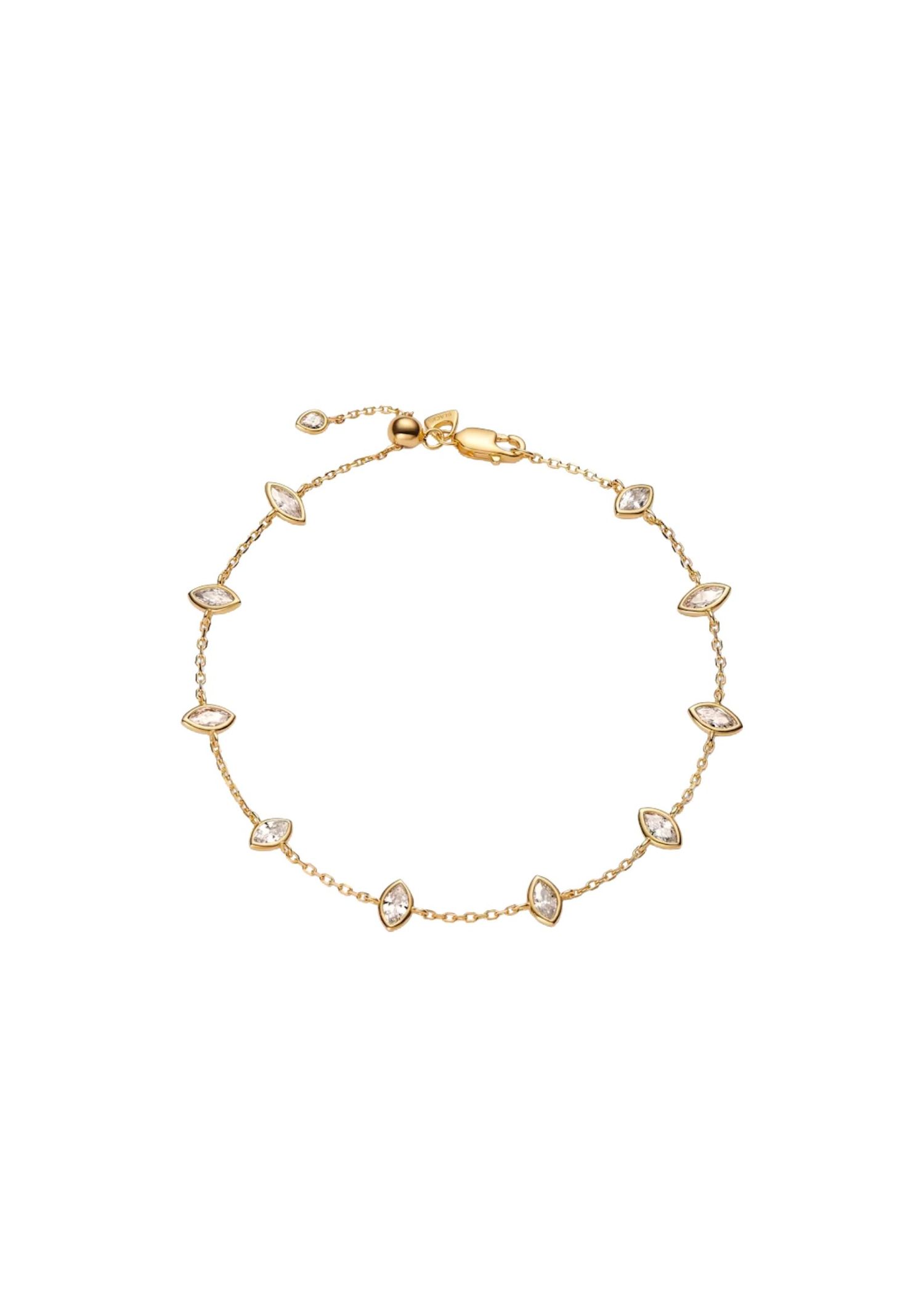 Featherlight chain bracelet with unique floating bezel settings Marquise white zirconia stones are evenly spaced throughout the chain