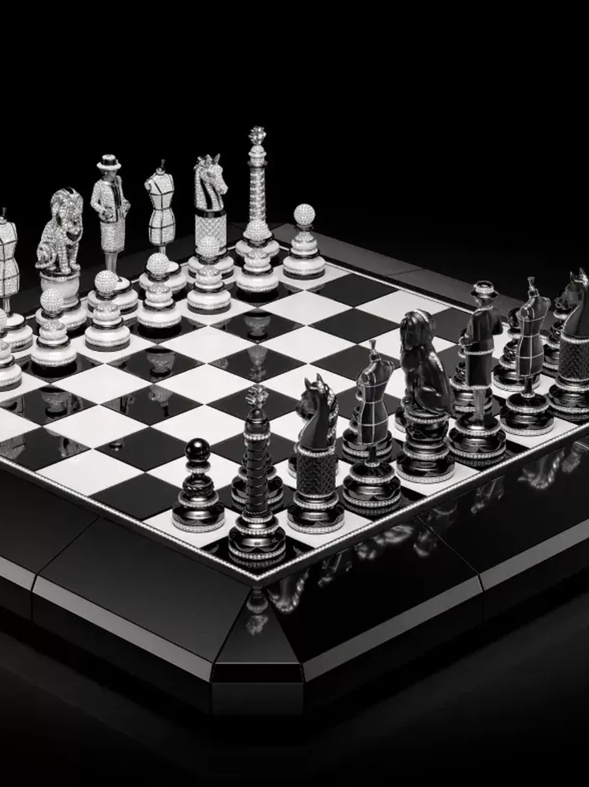 Chanel's one-of-a-kind chess set against a black background
