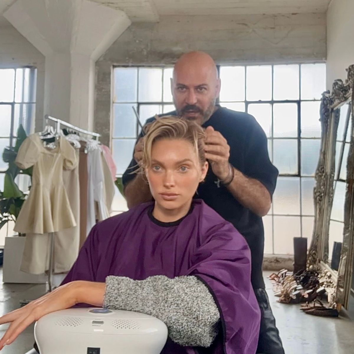 Panos Papandrianos cuts Elsa Hosk's hair short on set