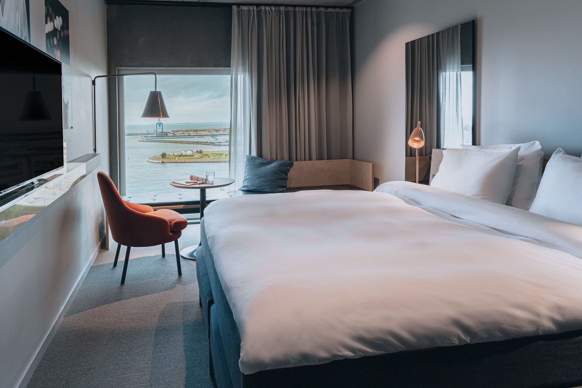 A room at Story Hotel in Malmo with views across the water