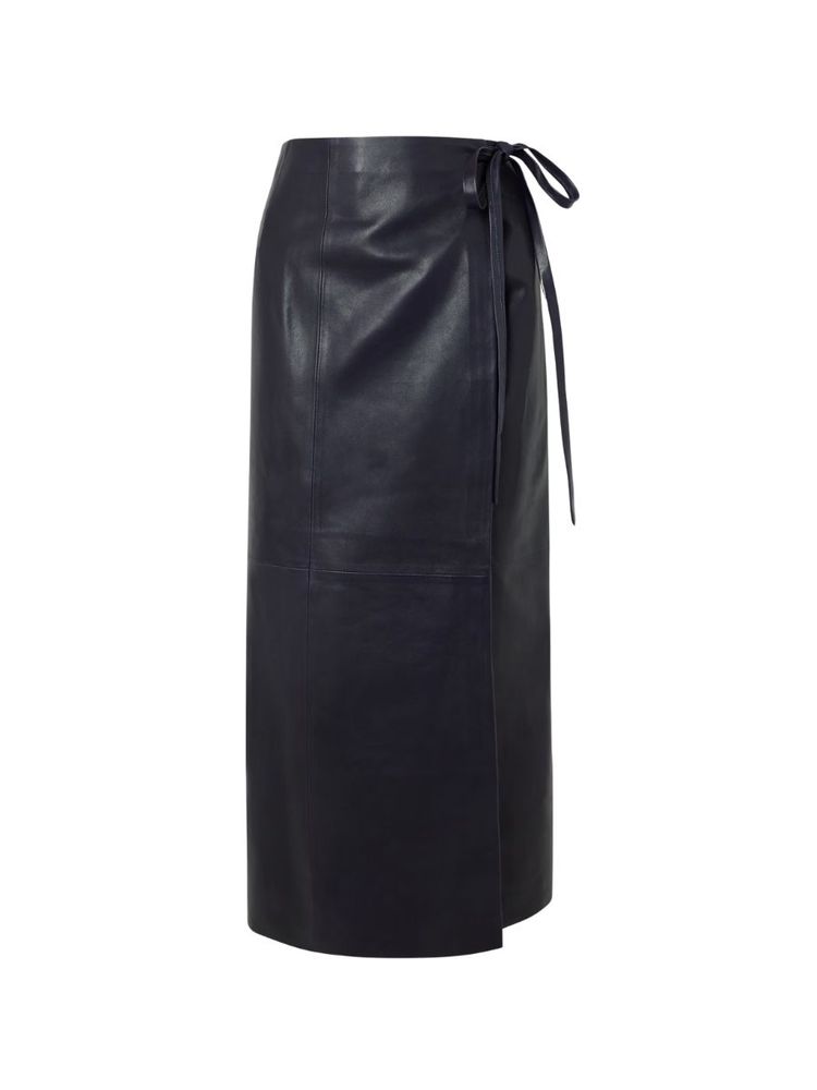 The best navy wrap leather midi skirt - Nour Hammour - On a white background