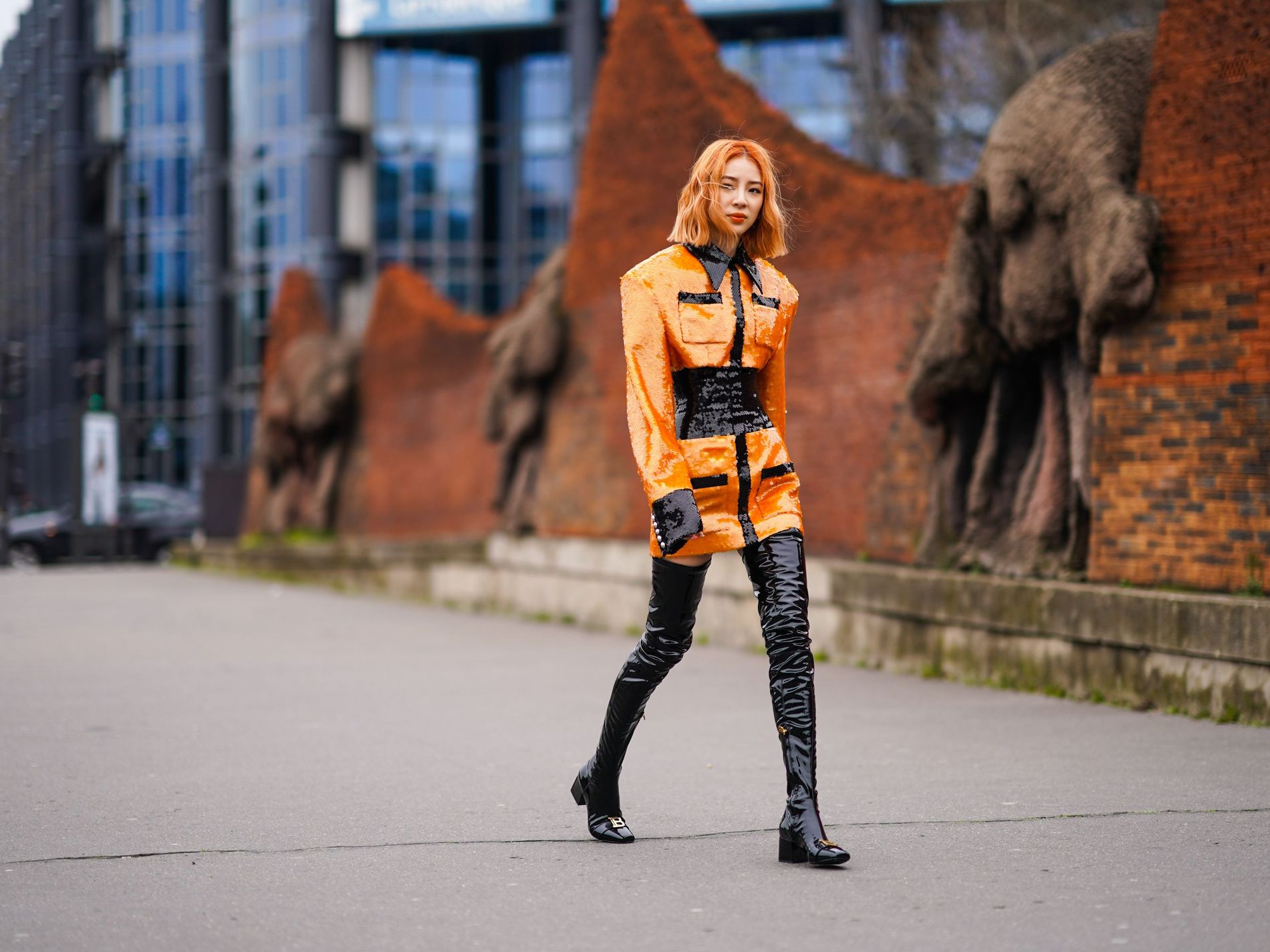 Street style: Irene Kim wears thigh high puddle boots