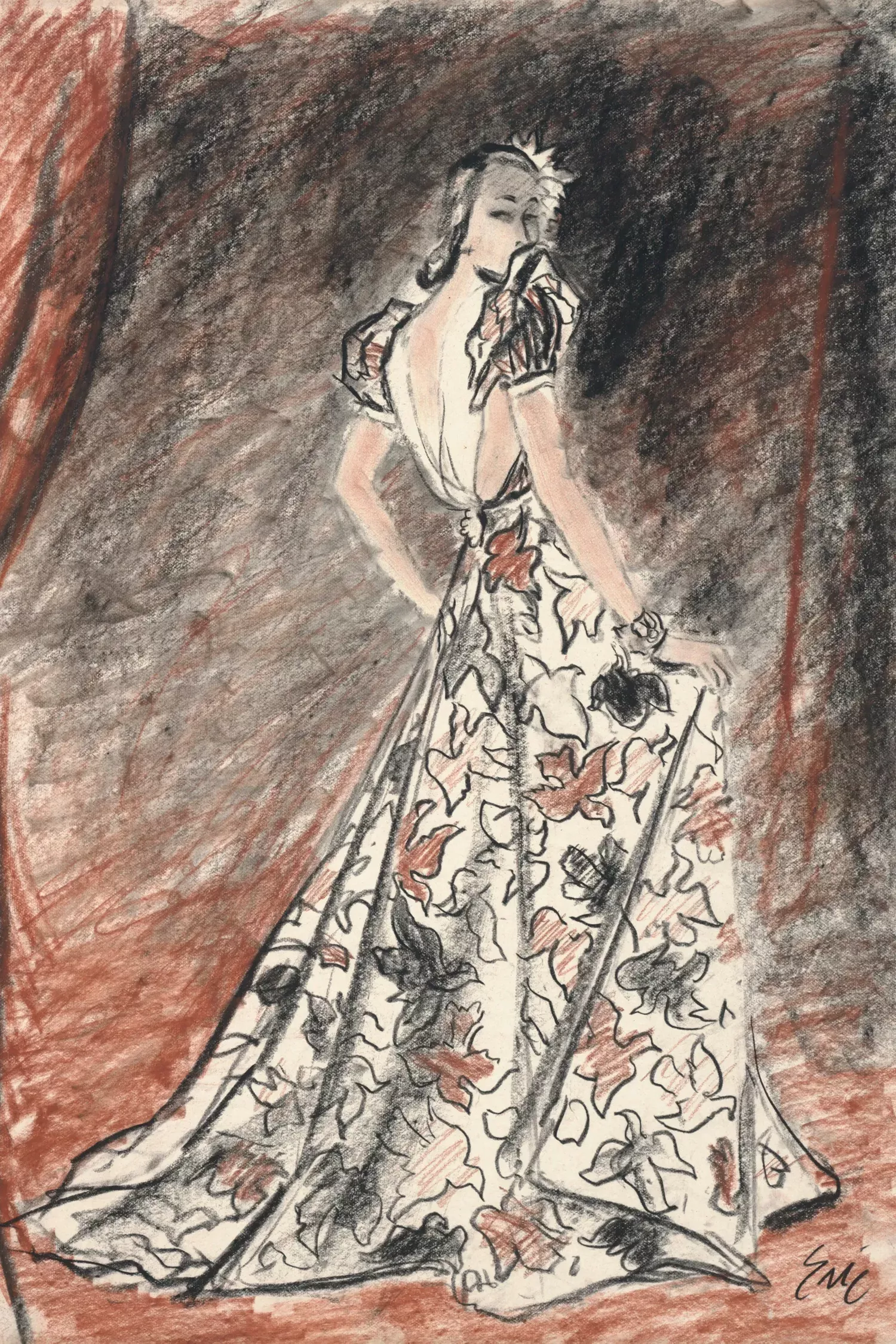 A Vogue illustration of a model wearing a brown and black floral patterned gown with a cross back by Charles Frederick Worth, 1939