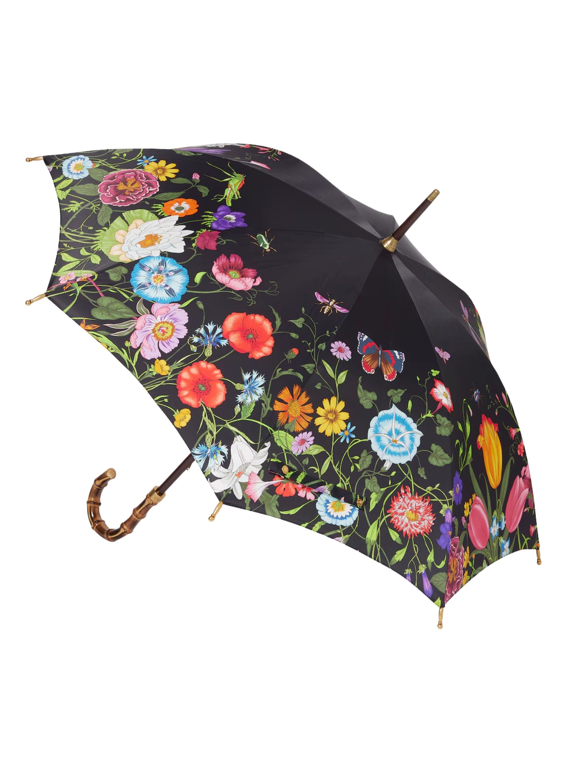 Black floral umbrella against a white background