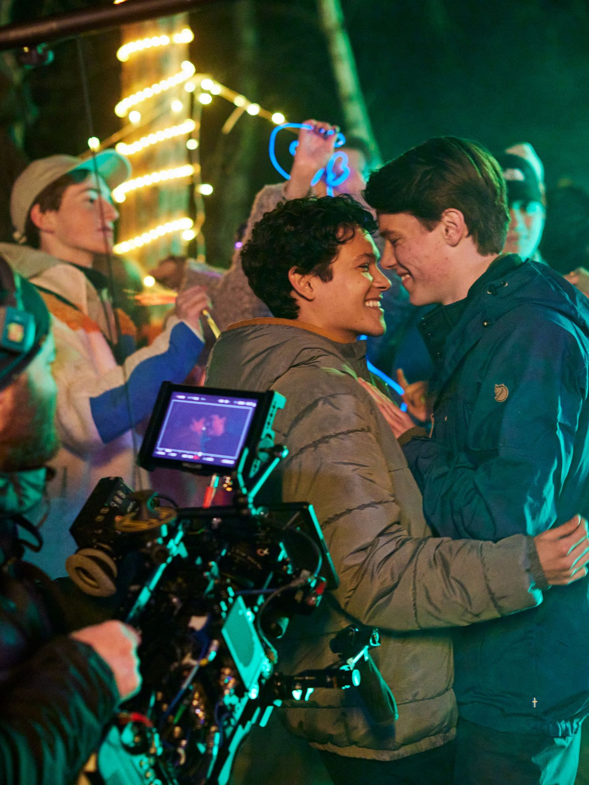 Edvin Ryding and Omar Rudberg as Wilhelm and Simon behind the scenes of Young Royal's season 3
