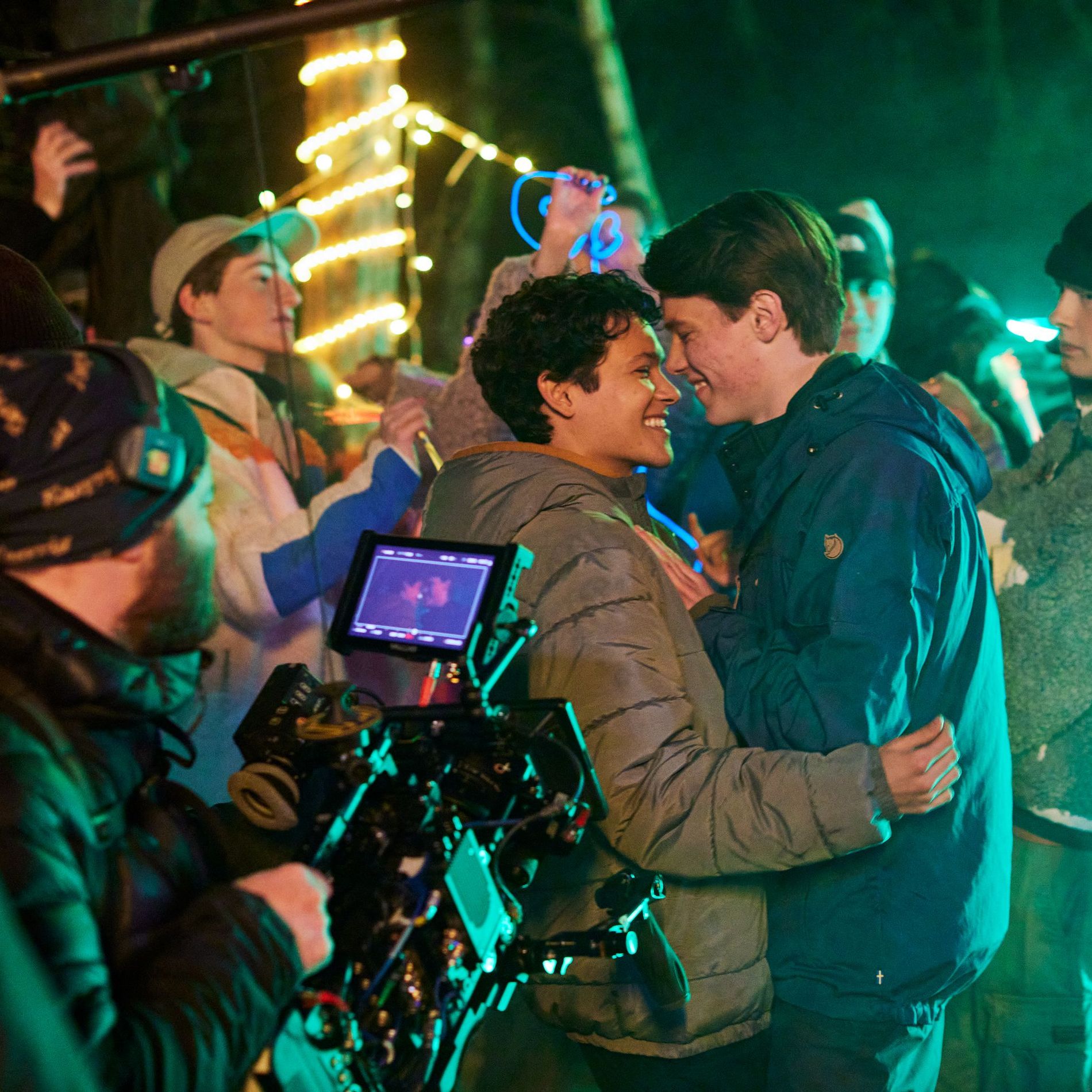 Edvin Ryding and Omar Rudberg as Wilhelm and Simon behind the scenes of Young Royal's season 3