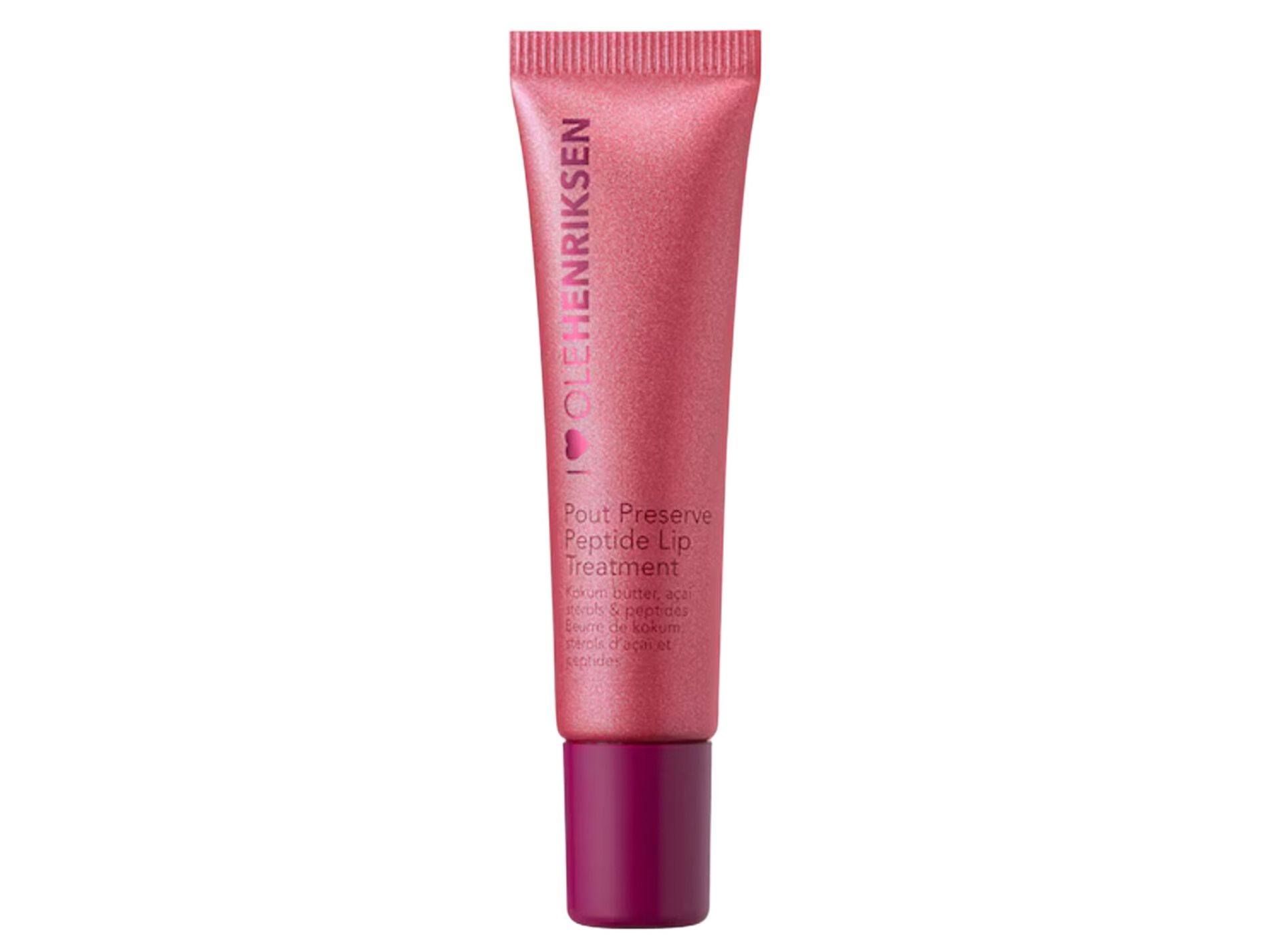 Tube of Pout Preserve Peptide Lip Treatment in Glimmer Lingonberry placed upright.