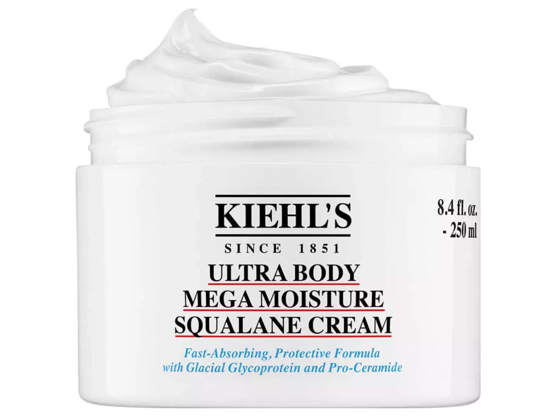 Open jar of Kiehl’s Ultra Body Mega Moisture Squalane Cream displaying rich texture.