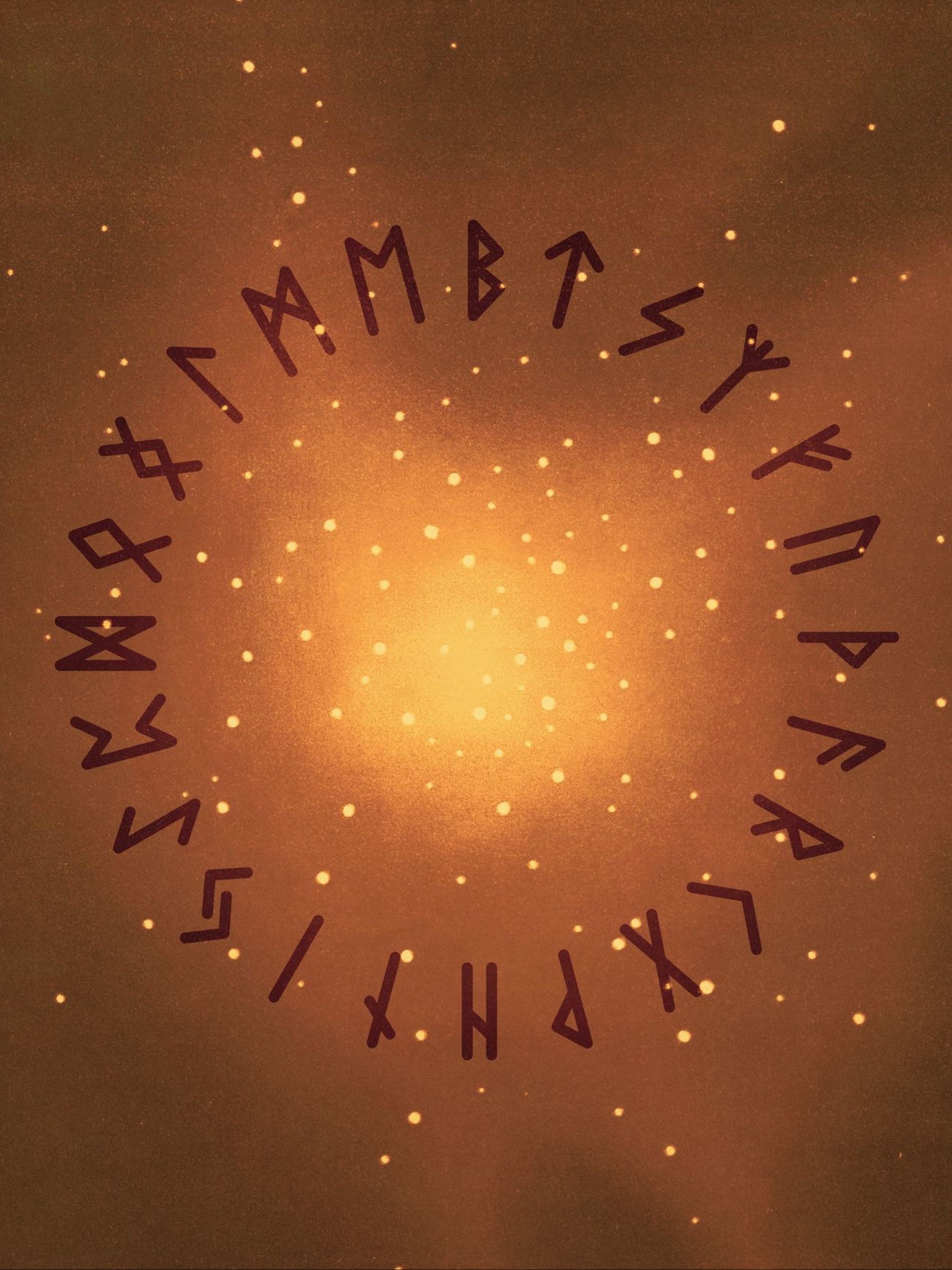 Runes placed in a circle on a orange brown background with yellow sparkles