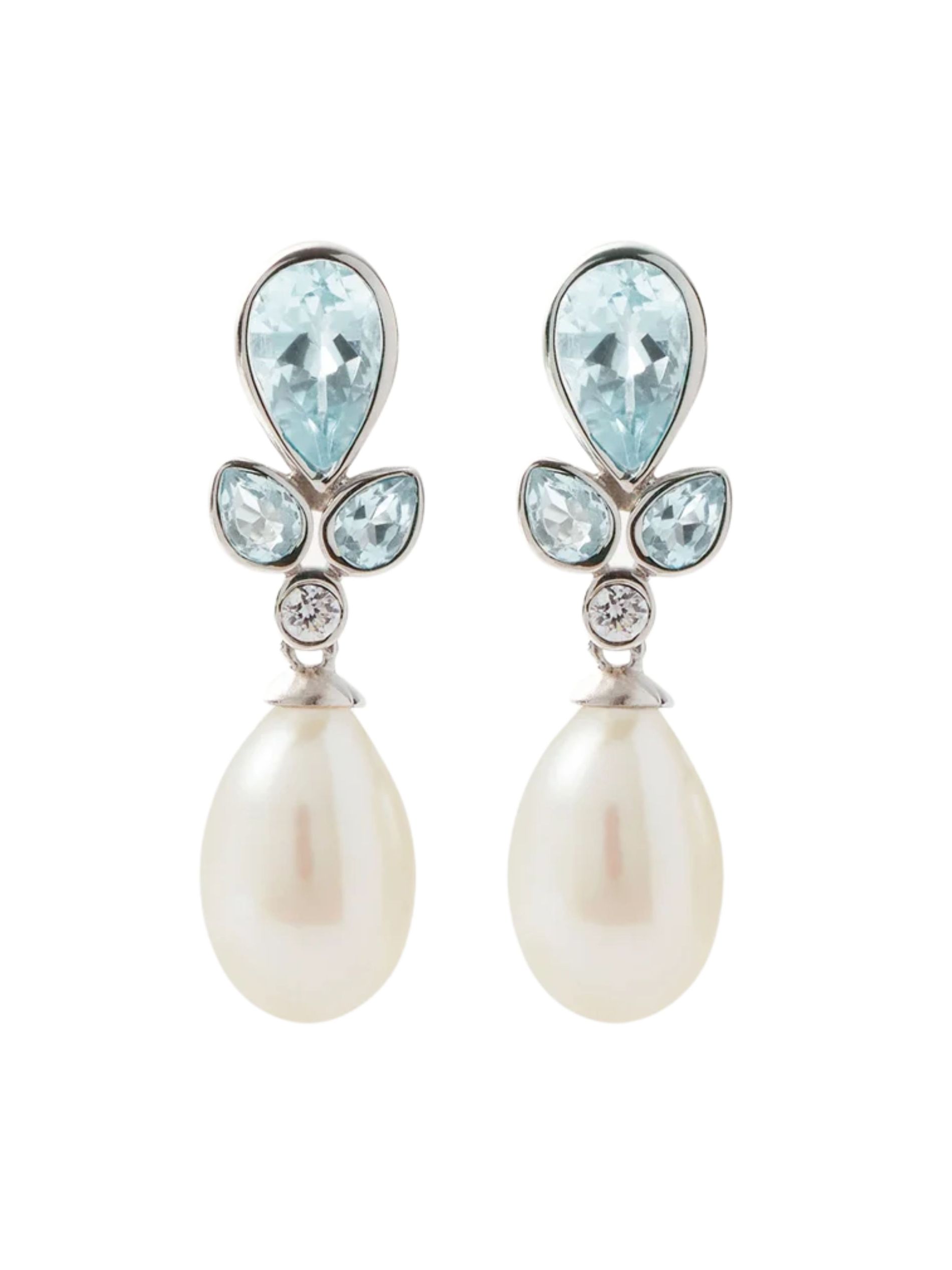 Aquamarine, diamond and pearl drop earrings from Aspinal of London against a white background