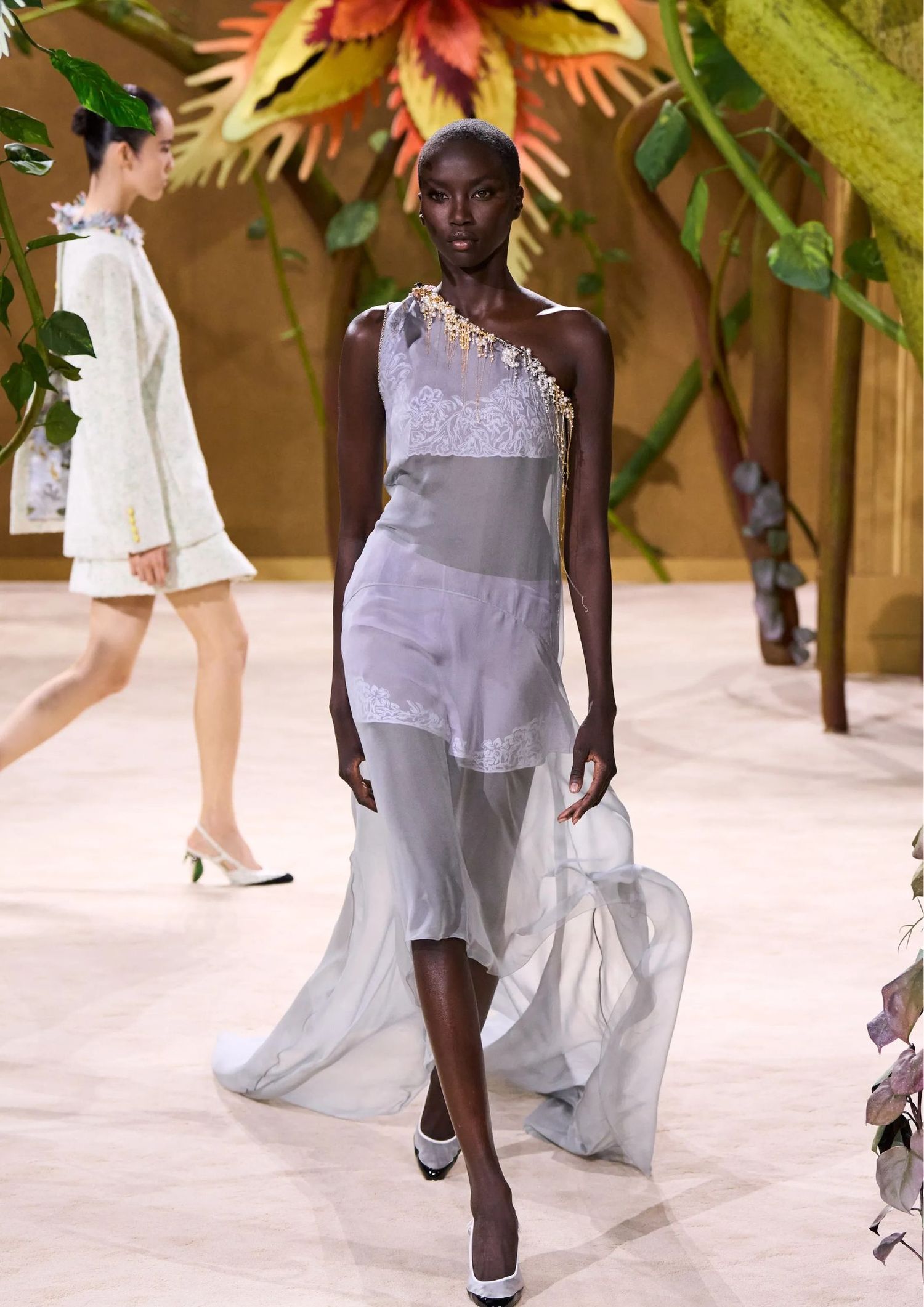 One shoulder sheer purple dress