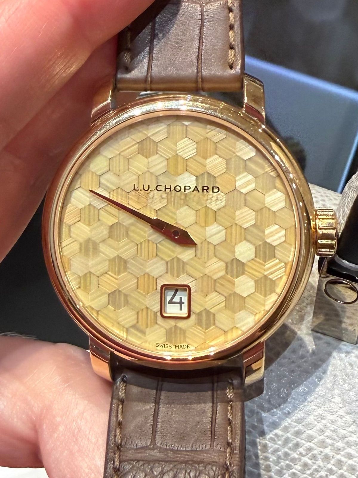 Chopard's straw dial watch being displayed at Watches and Wonders 2026