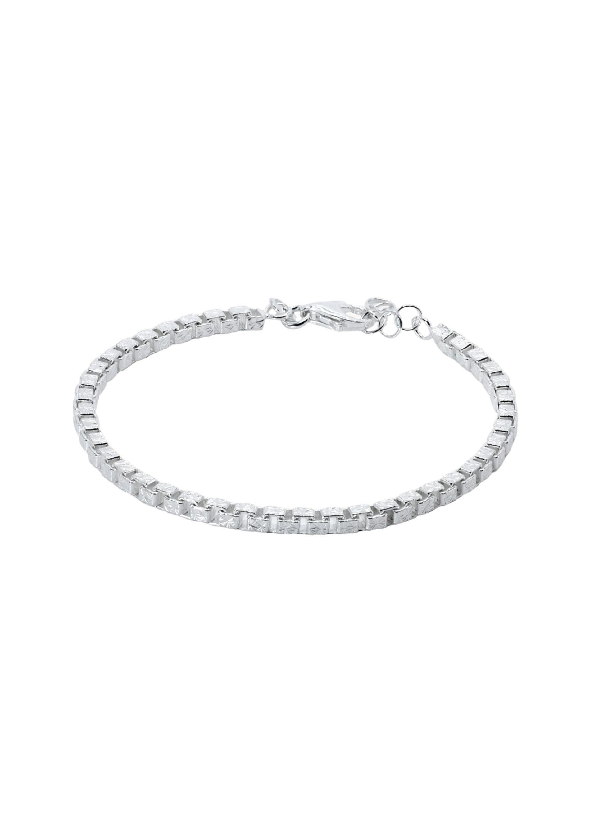 A bracelet with square boxes that are linked together