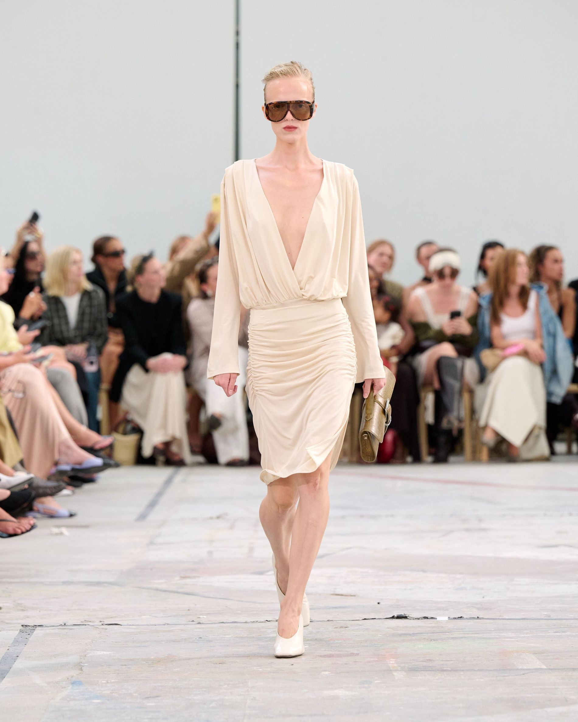 White draped dress with low cut