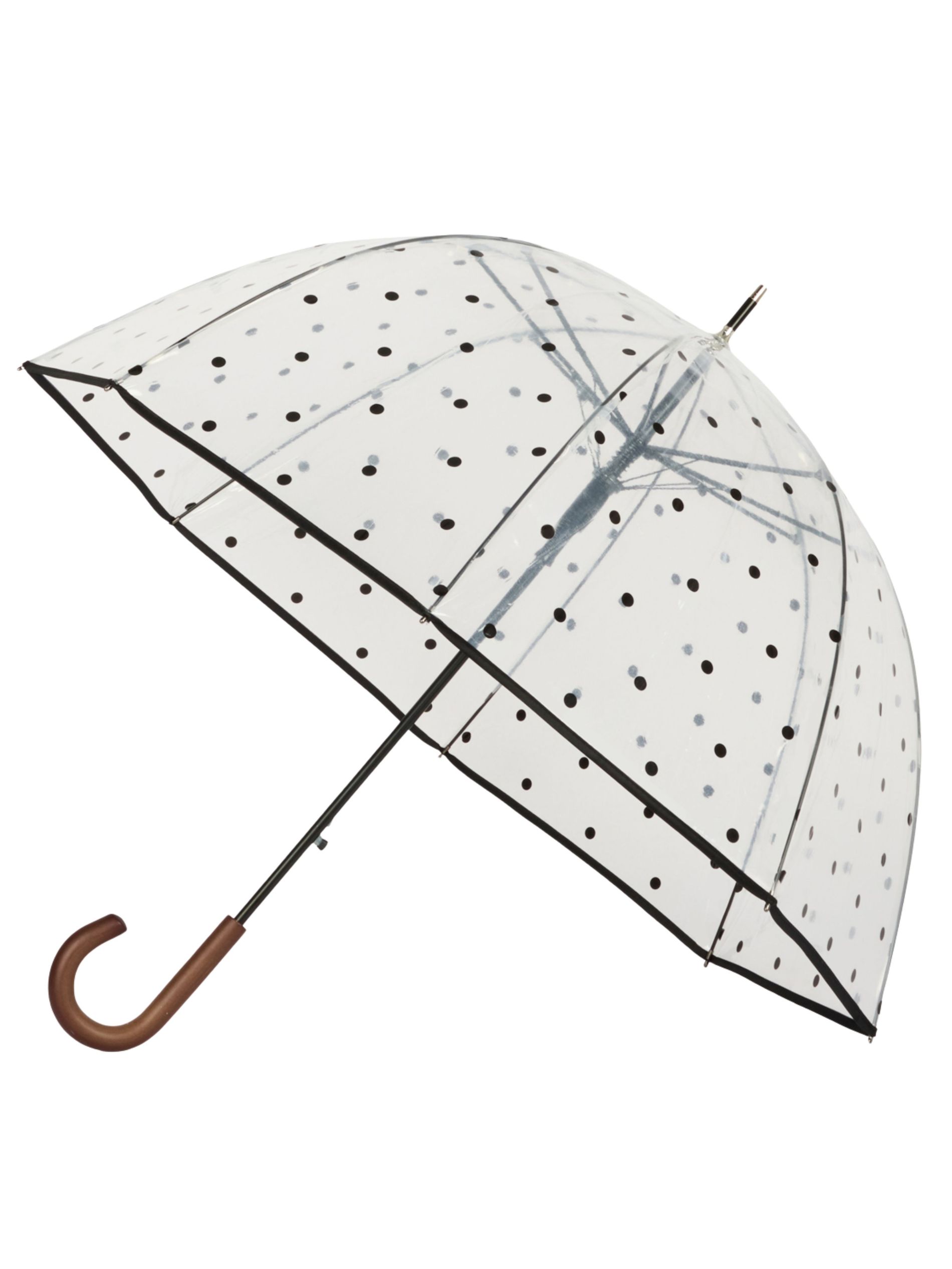 Clear umbrella with polka dots against a white background