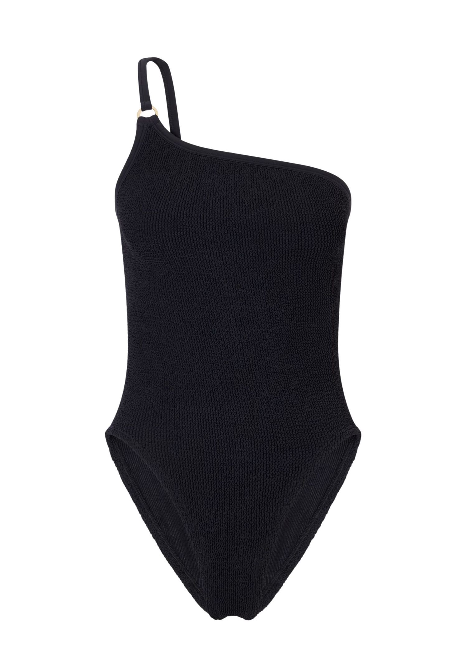 One-shoulder black one-piece swimsuit