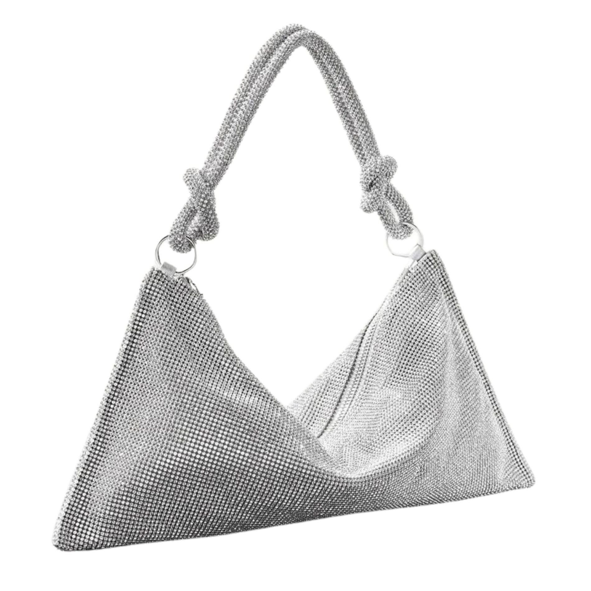 Women Silver Bead Handle Evening Clutch Bag Designer Glitter