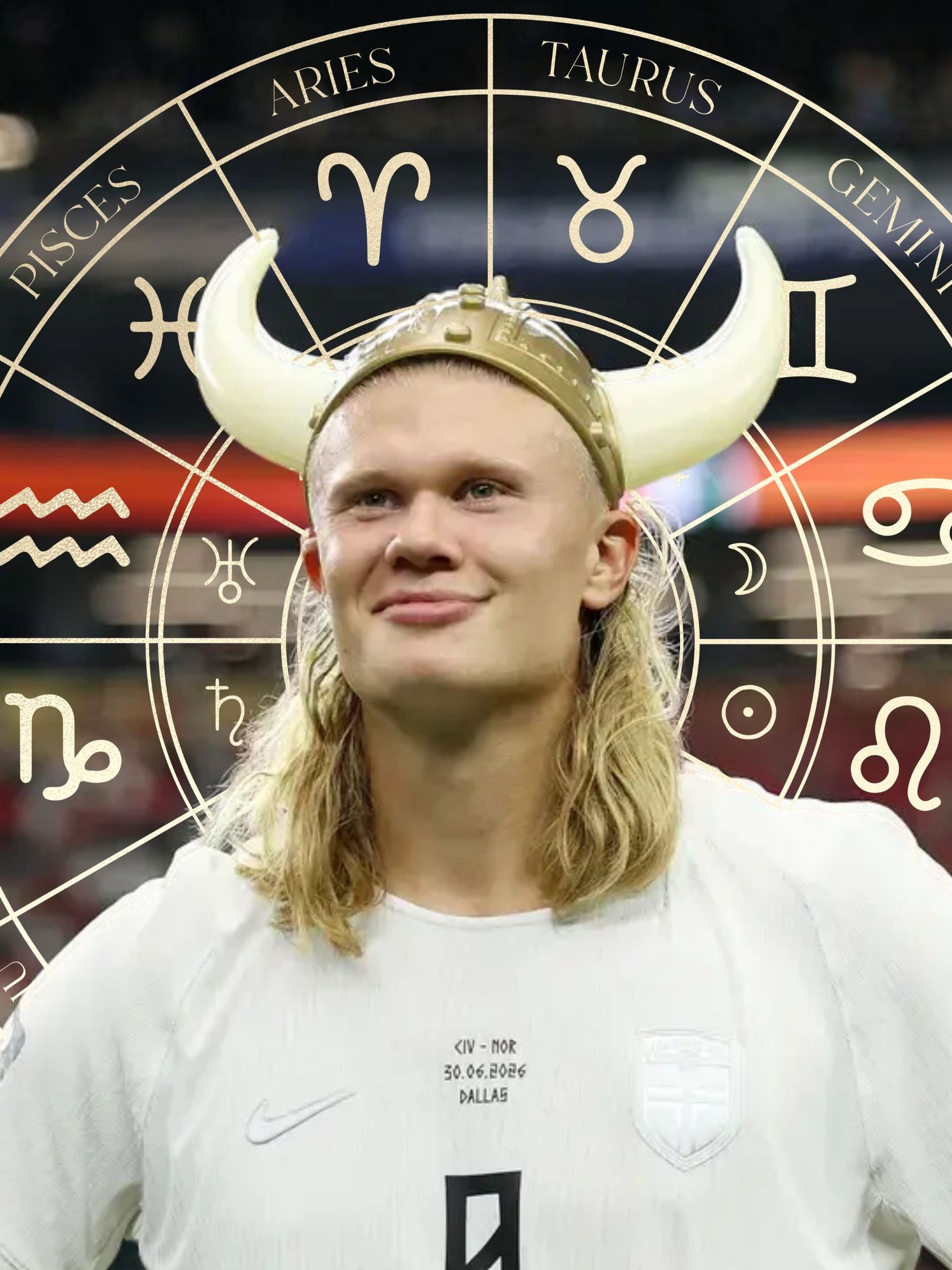 Erling Haaland poses in a viking helmet and a Norway national team football kit with the astrological wheel behind him
