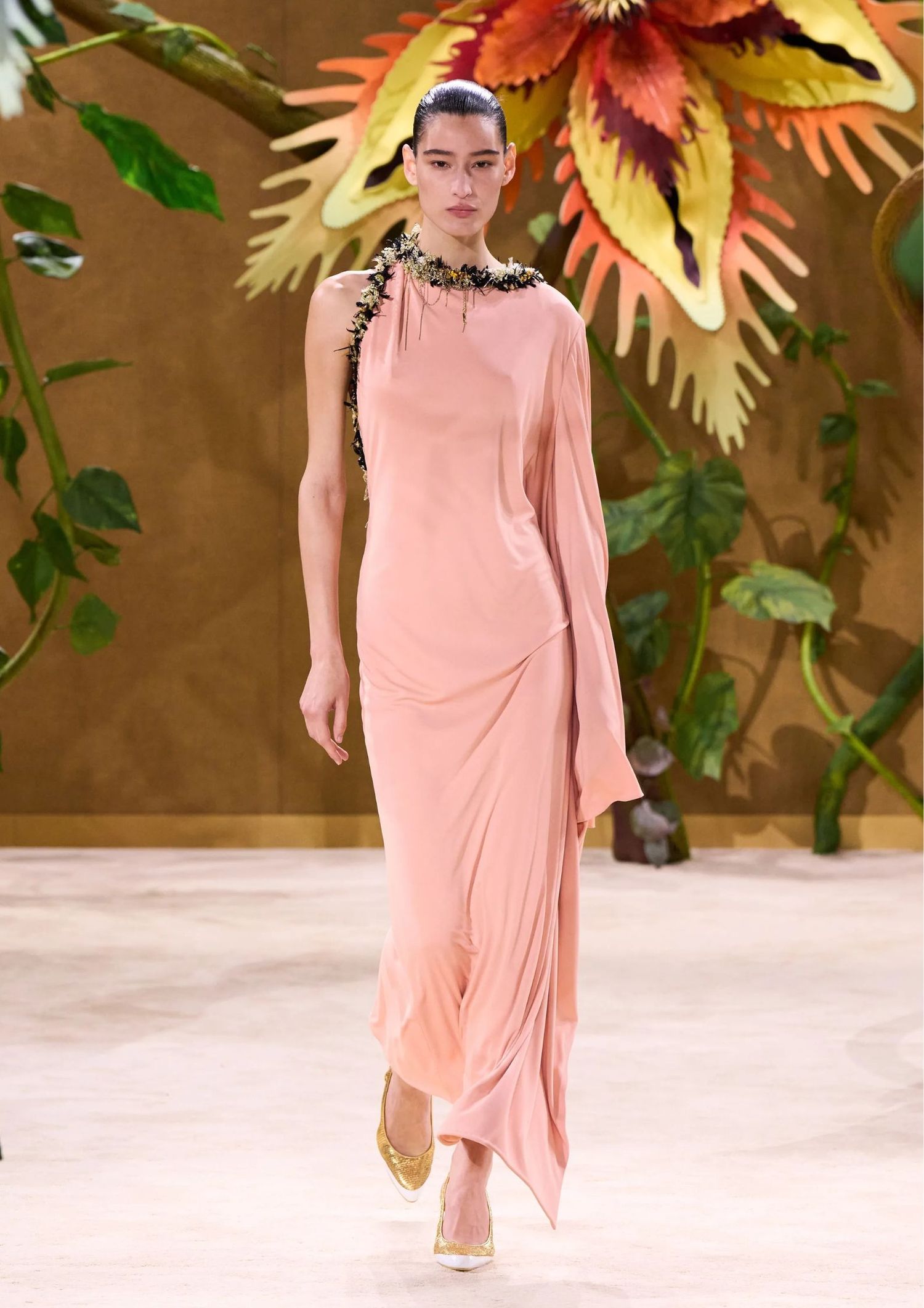 One shoulder pink draped dress