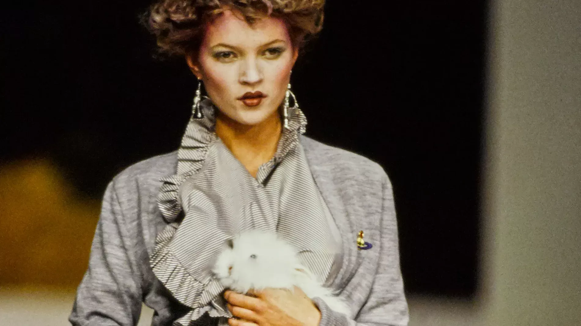 Kate Moss carries a bunny on Vivienne Westwood, fall 1995 ready-to-wear runway