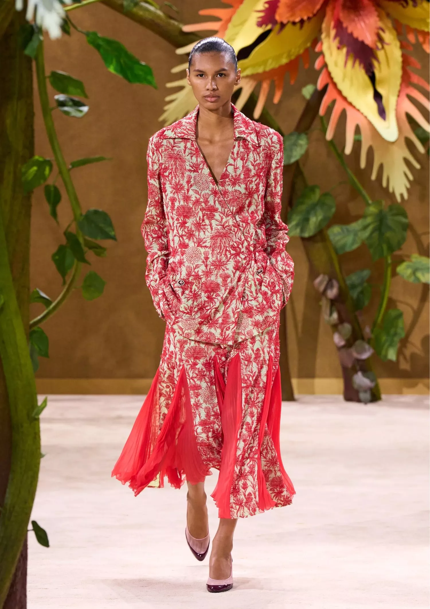 Floral-print long-sleeved shirt, a matching draped midi skirt in red