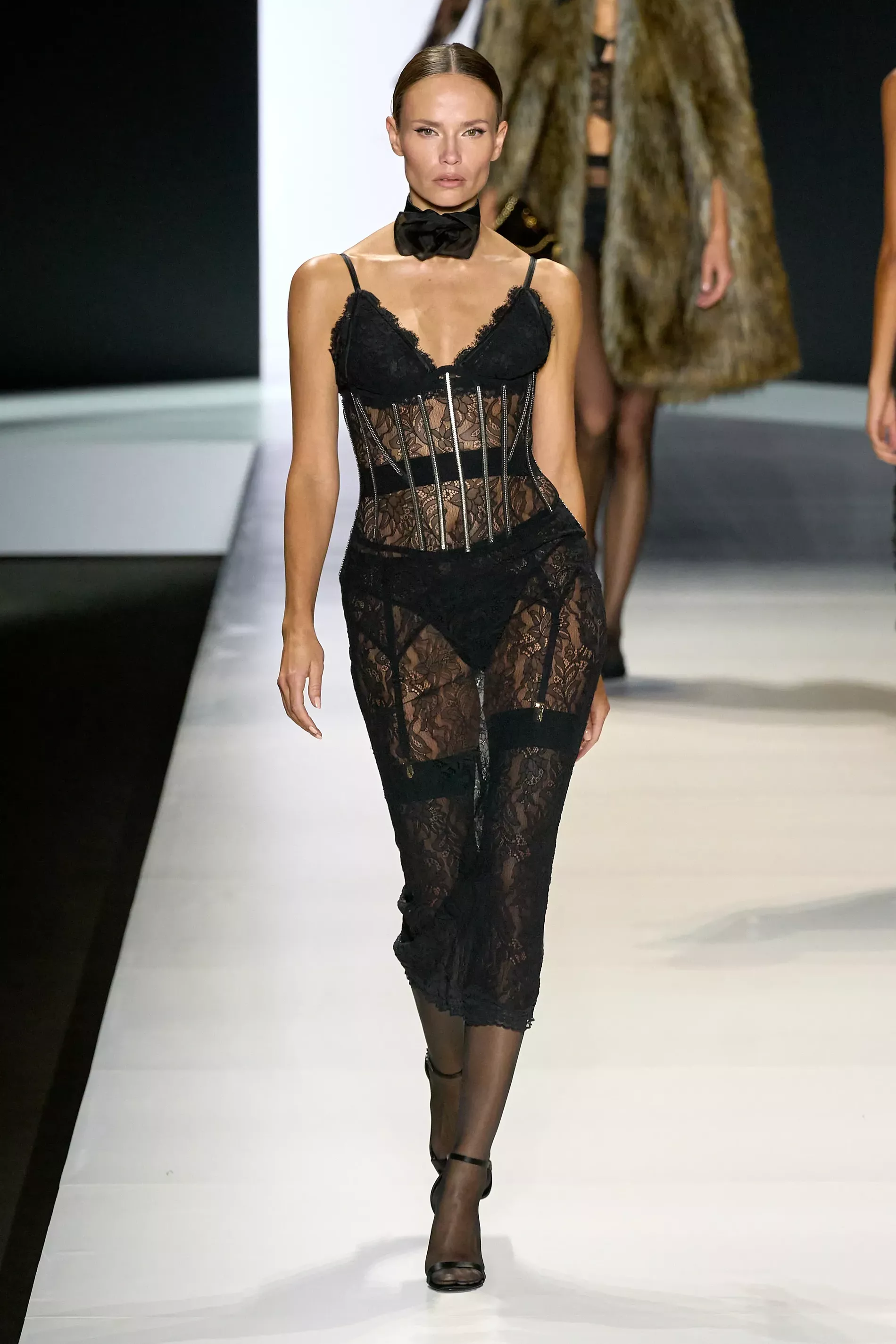 Naomi Campbell wears black lingerie on Dolce and Gabbana catwalk