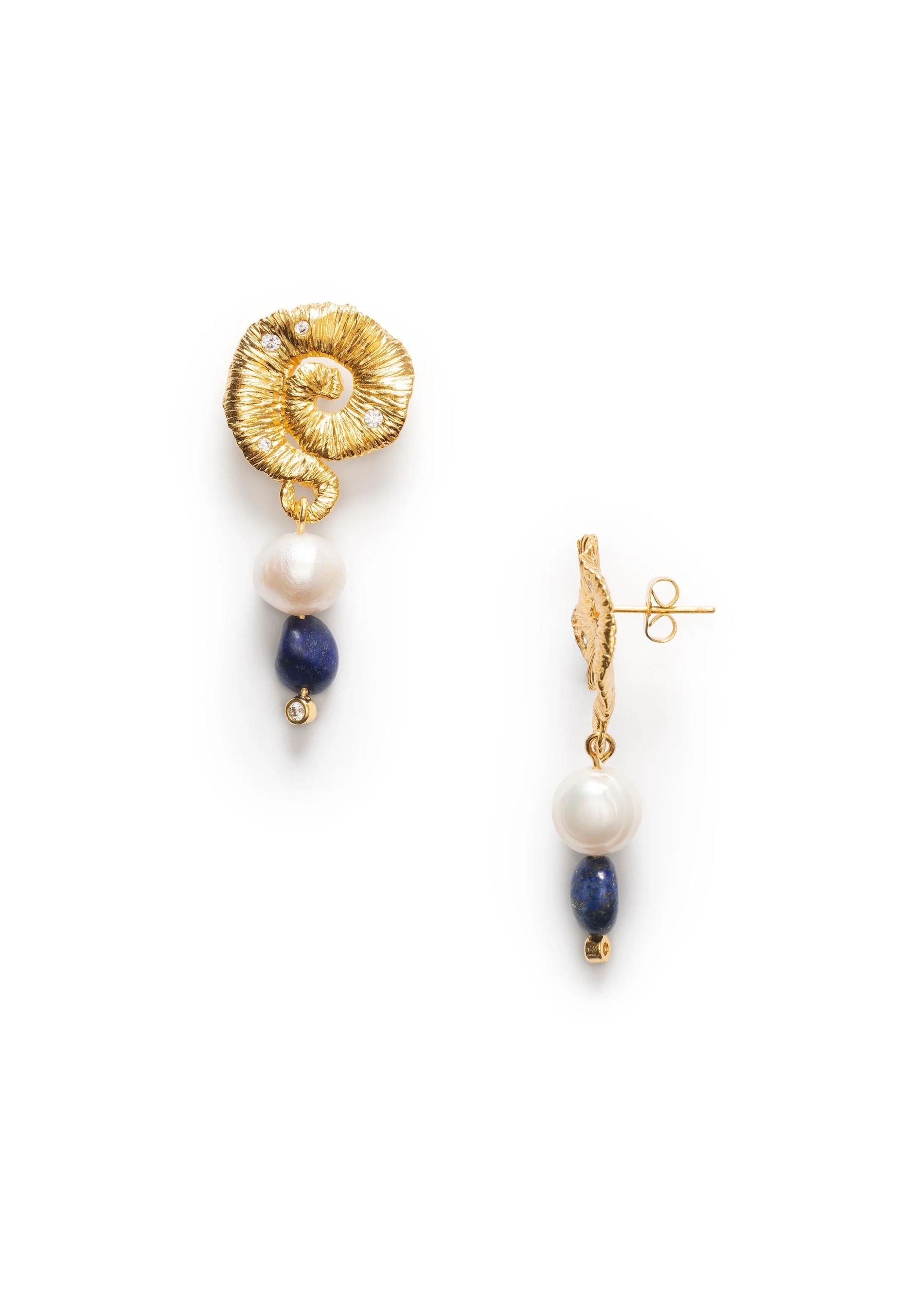 gold earings with white and blue pearls