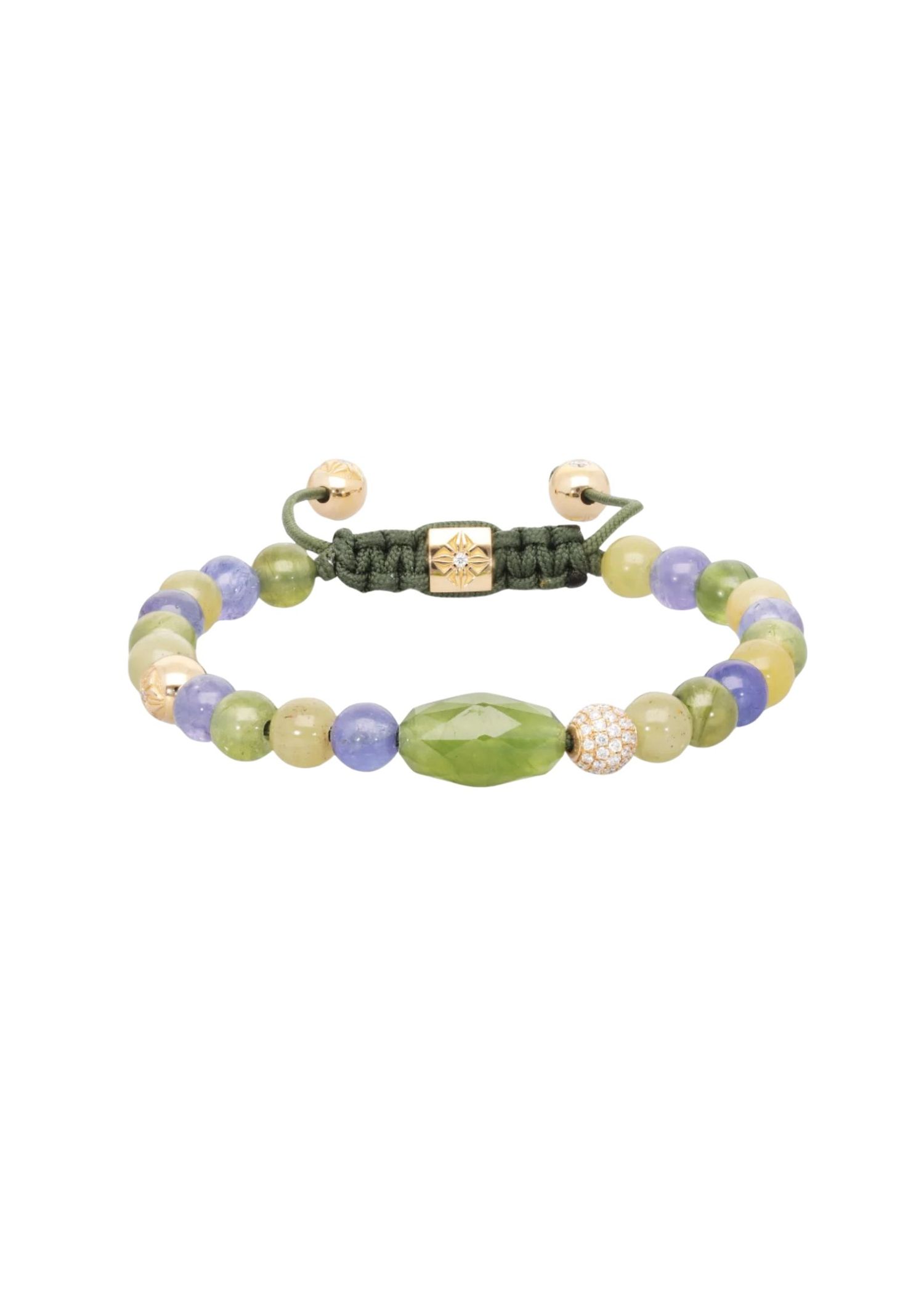 Non-Braided Bracelet pairs the warmth of 18K yellow gold with a spectrum that moves from verdant green to vivid blue-violet.